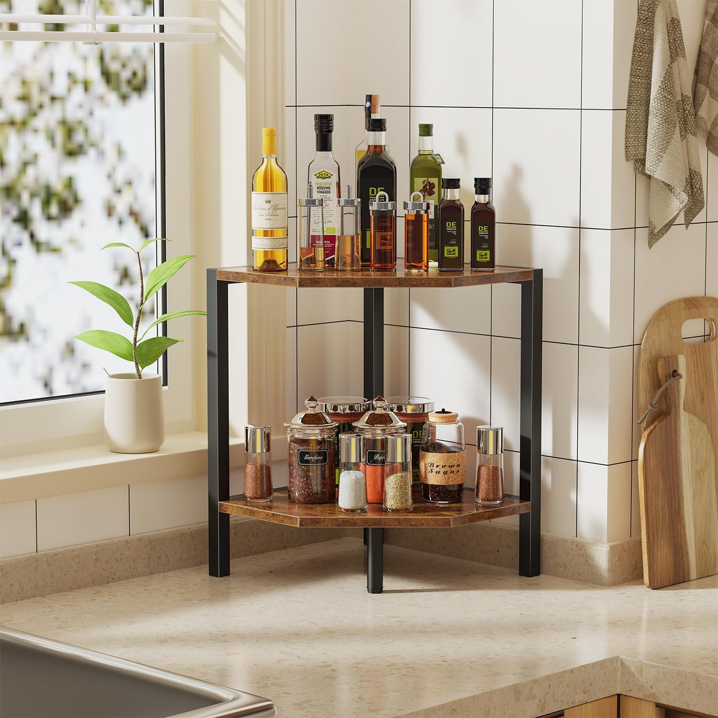 Corner Shelf Stand, 2 Tier Industrial Corner Bookshelf, Multipurpose Standing Corner Display Shelf Countertop Organizer for Living Room Kitchen Bedroom Office, Rustic Brown