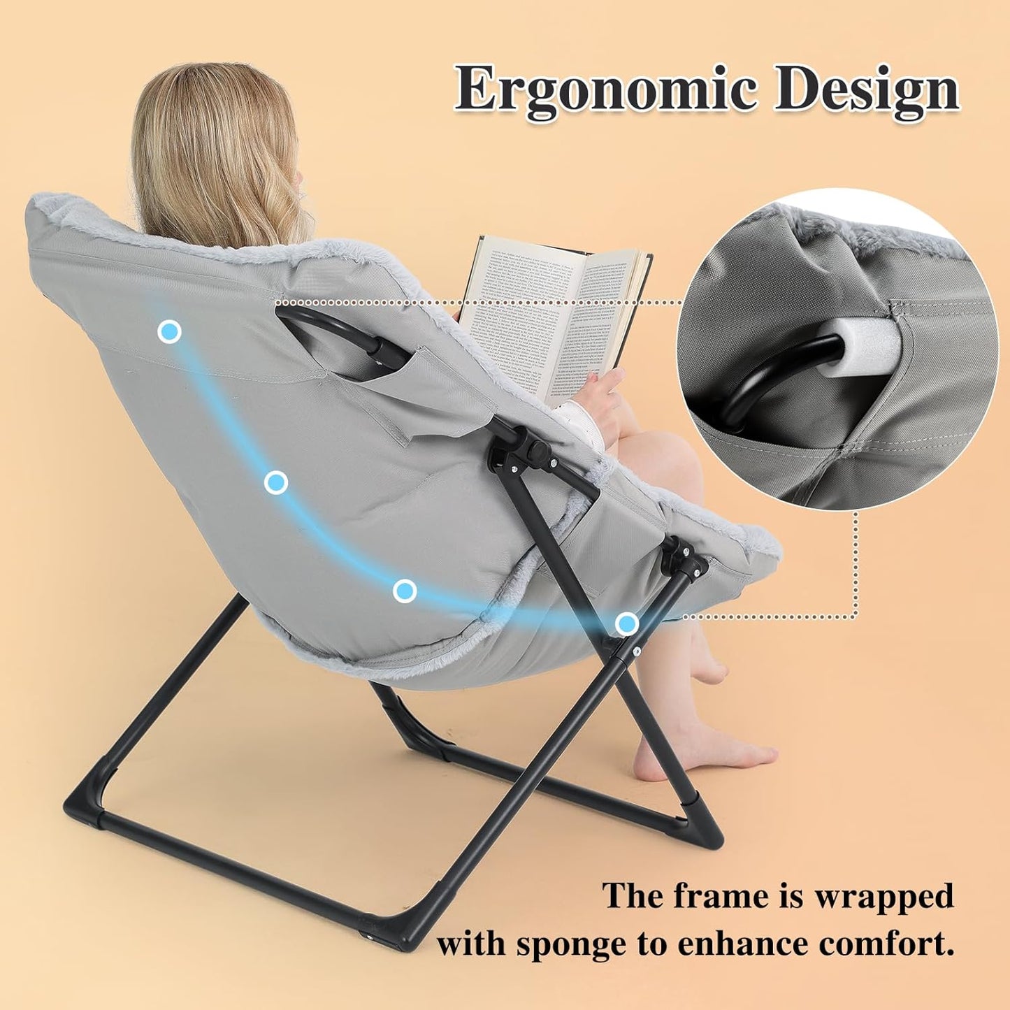 Comfy Saucer Chair for Adults, Soft Faux Fur Bedroom Chair with Ottoman, Accent Dorm Chairs, Living Room Reading Chairs and Footstool, Folding Seat for Teens, X-Large, Grey