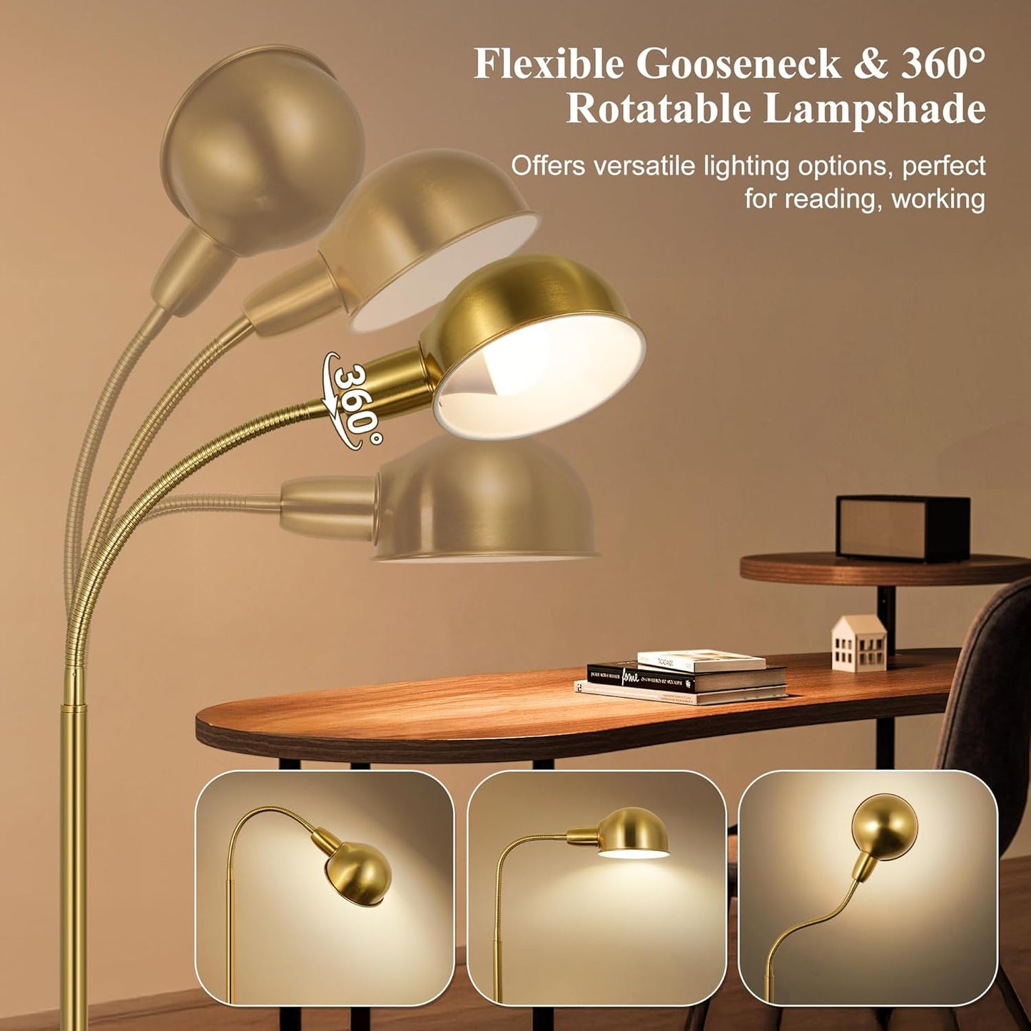 Floor Lamp for Living Room, 63" Standing Lamp with Adjustable Gooseneck, 3 Color Temperatures, Industrial Gold Floor Lamp Reading for Bedroom, Office, 9W LED Bulb