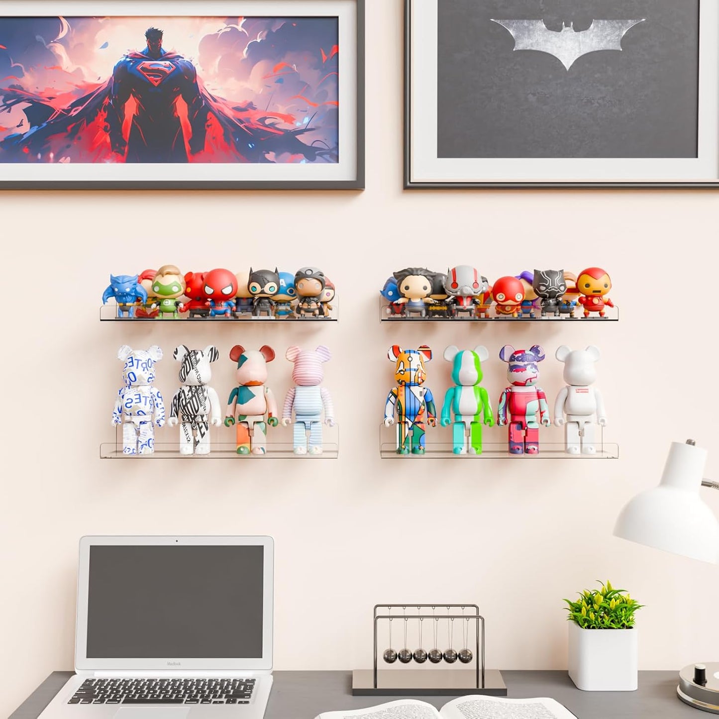 Yieach 4 Pack 15" Acrylic Shelves for Wall,Bathroom,Bedroom - with Adhesive - No Drilling Clear Floating Shelves for Funko Pop,Lego,Action Figures,Nail Polish,Perfume Shelf and Wall Storage & Display