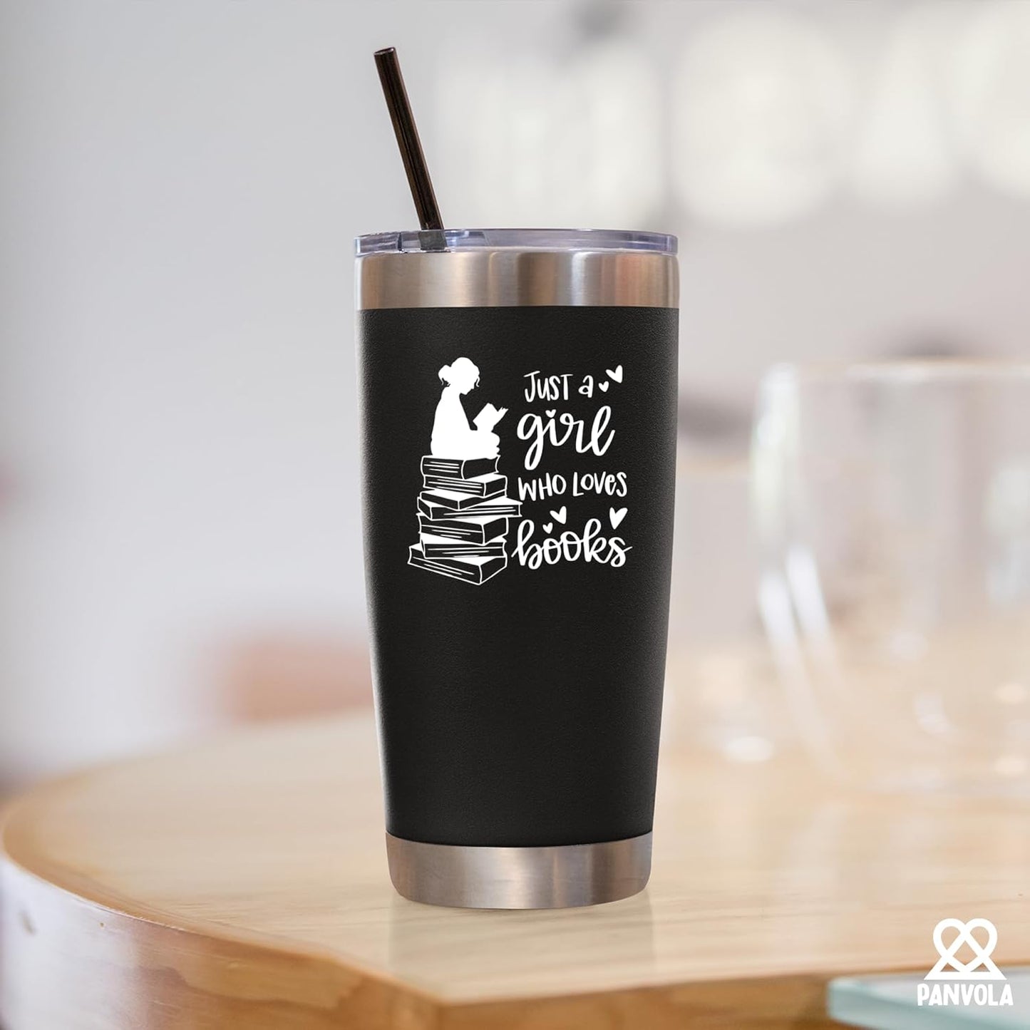 Panvola Just A Girl Who Loves Books Book Lover Gift For Woman Vacuum Insulated Stainless Steel Tumbler Reader Librarian Mug Bookworm Bibliophile Travel Mugs with Straw and Removable Lid 20 oz Black