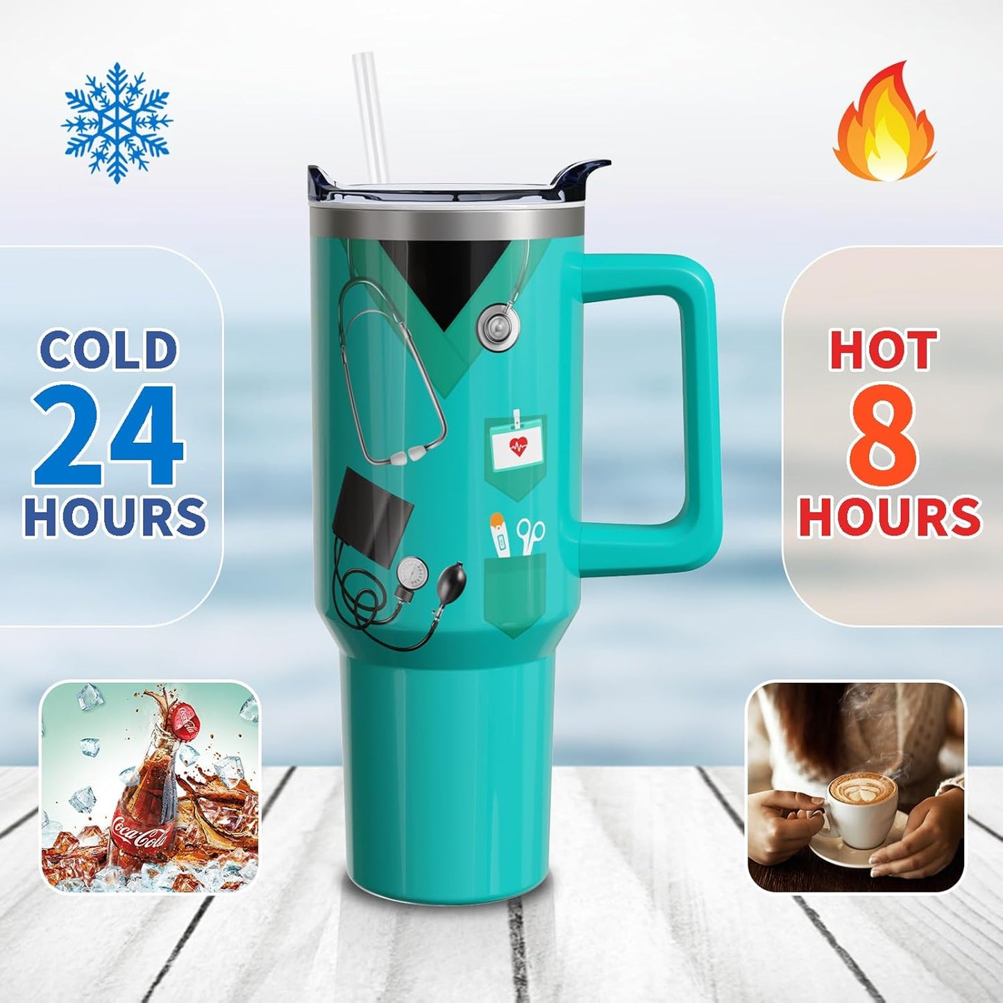 Nurse Cup Gifts for Women Men, 40 Oz Tumbler with Handle and Straw, Nursing Practitioner Appreciation Graduation Nurse Week Teal Insulated Stainless Steel Water Bottle 1PC