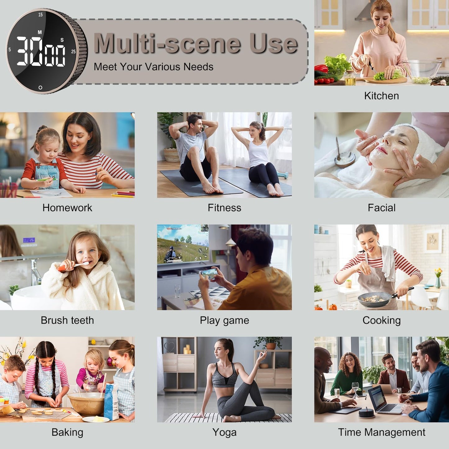 Digital Kitchen Timer with LED Display, 99 Minutes Rotating Pomodoro Timer for Classroom, Fitness, Office, Magnetic Countdown & Countup Time Management Tool.