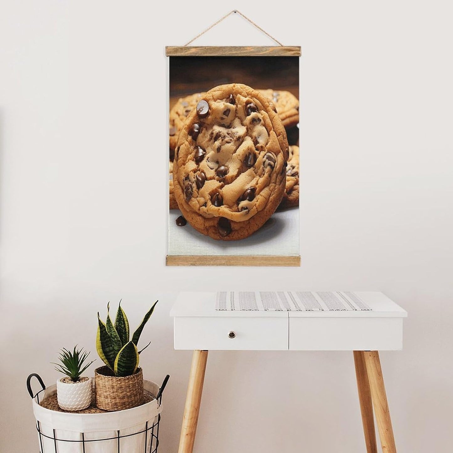 Vintage Chocolate Cookie Poster with Wooden Frame Personalized Linen Hanging Scroll Painting Rustic Wall Hanging Illustrative Modern Artwork Decor for Home Living Room Bedroom Office