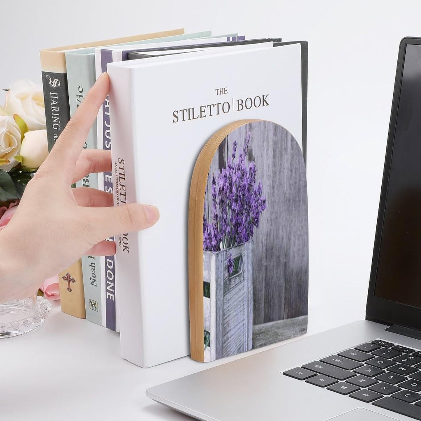 Purple Lavender Flower Wooden Bookend Non-Slip Book Ends Heavy Duty Book Stopper with Metal Base Books Holderd Decorative Bookends Stands Firmly for Office Supplies
