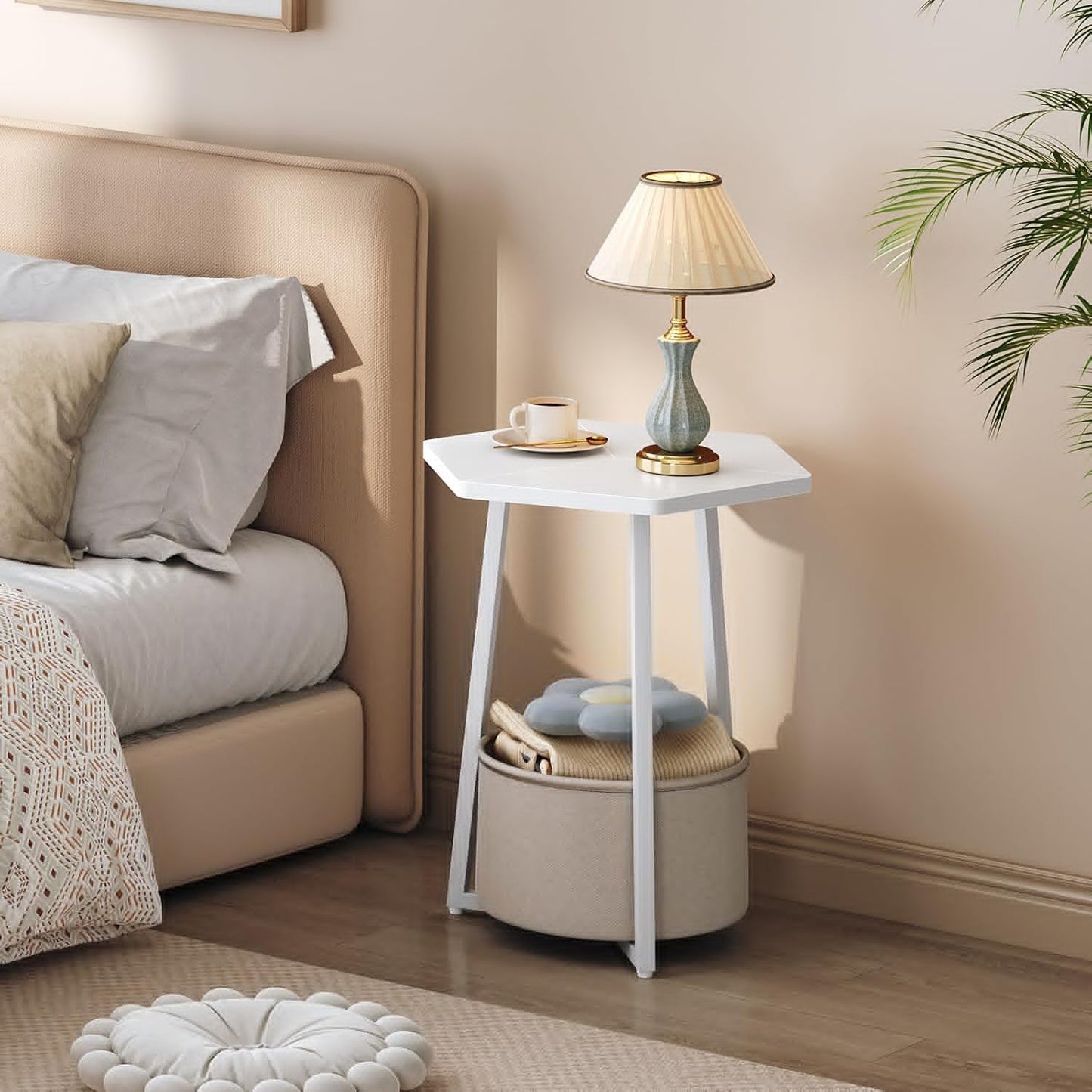 Small Side Table, Round End Table with Storage Basket, Modern Nightstand for Small Space, Hexagonal Bedside Table, Couch Side Table for Living Room, Bedroom, White ETWT9901