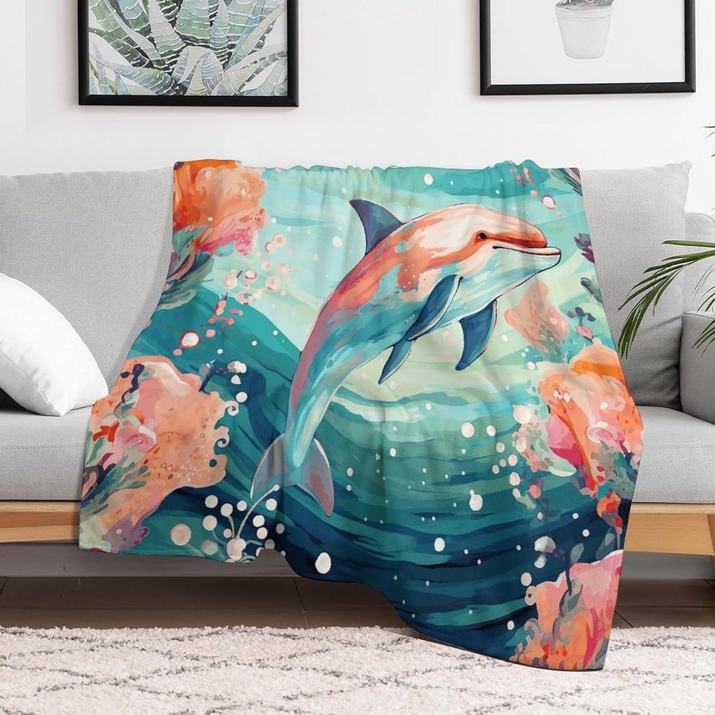 Lovely Dolphins Throw Blanket for Couch Super Soft Warm Lightweight Throw Blankets Cozy Flannel Bed Blanket Cute Decorative Blankets for All Seasons Home Decor Gift 50"*60"（130 * 150cm）