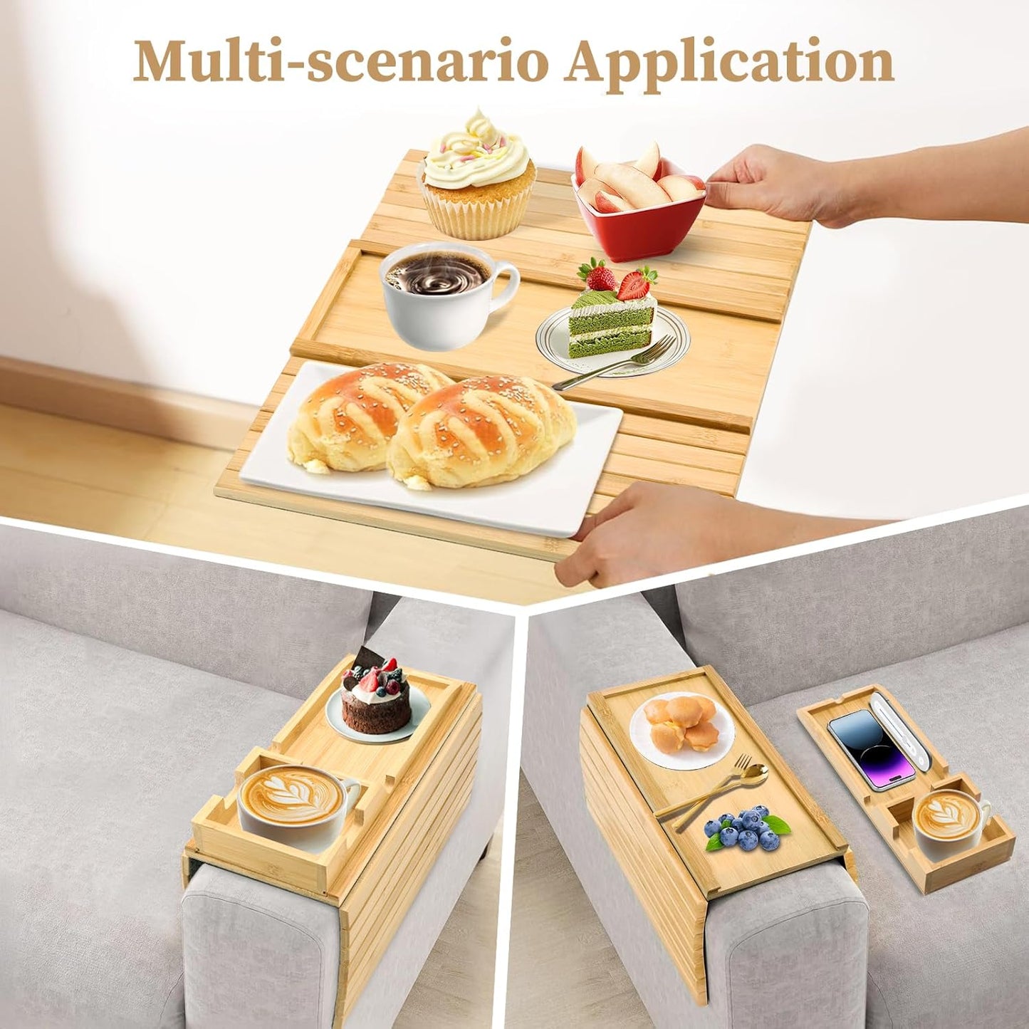 Bamboo Couch Arm Tray with Detachable Cup Holder - 2 in 1 Design, Foldable Anti-Falling Sofa Armrest Tray for Cups, Snacks, Remote