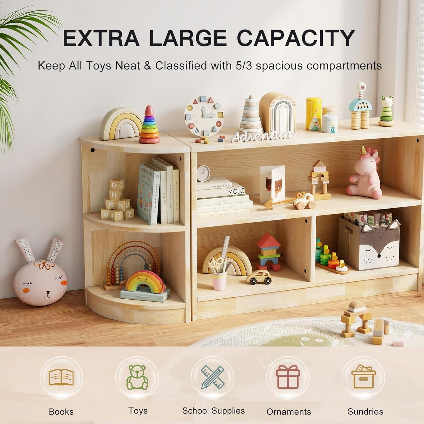 Rubber Wood Corner Cabinet, 2-Tier Kids Montessori Shelf, Toy Storage Organizer and Book Shelf for Playroom, Nursery, Kids Room, Kindergarten