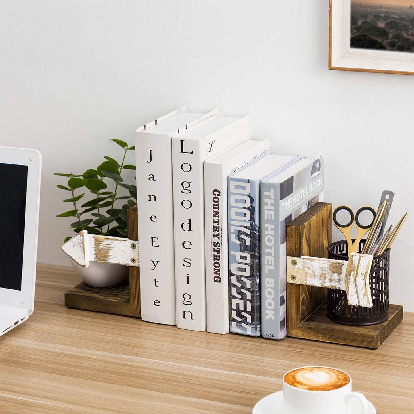 MyGift Farmhouse Bookends, Rustic Book Ends Kitchen, Tabletop Boho Bookend Support Stands, Whitewashed Arrow Design and Burnt Dark Brown Wood