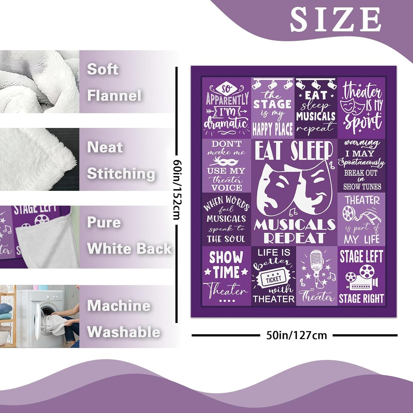 Theater Gifts Flannel Throw Blanket, Musical Present for Broadway Theatre Lover Actor, Birthday Ideas for Women Girl Boy, Eat Sleep Musicals Repeat Purple Blanket 50" x 60"
