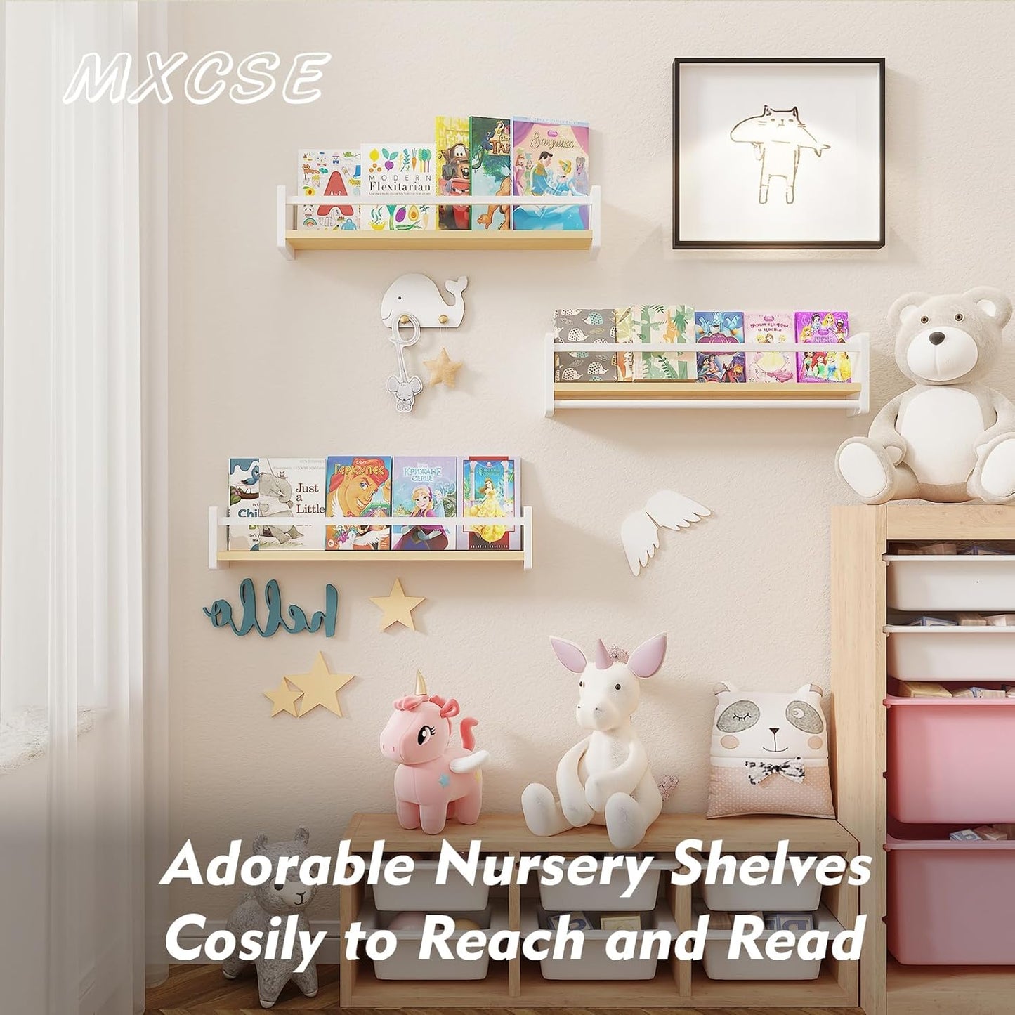 Nursery Floating Bookshelf for Kids, Wall Mounted Kids Book Shelf with Toy Storage, Pine Wood Nursery Shelves for Playroom, Bedroom, Toddler Room, Set of 3 (Pine & White, 23.6 Inches)
