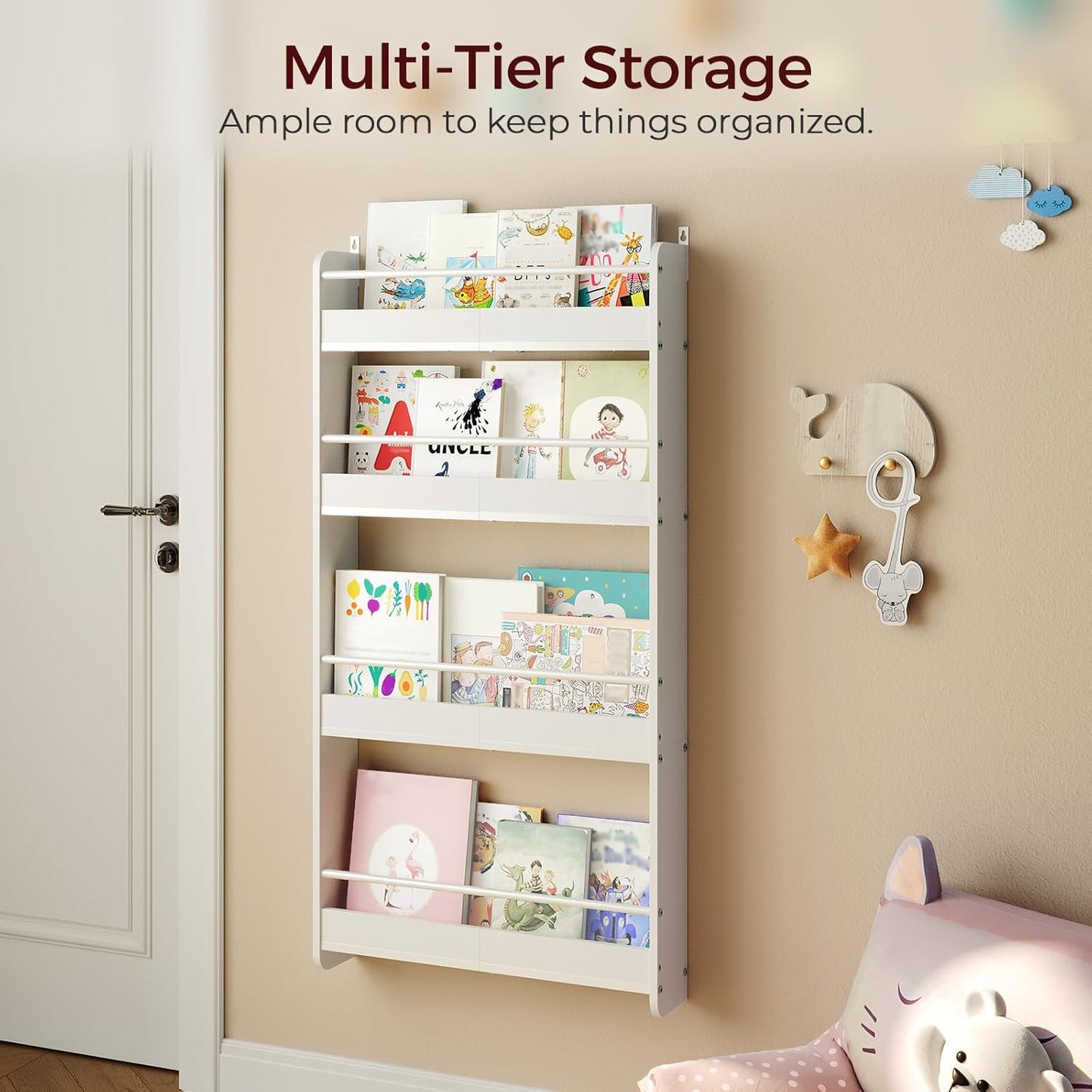 Kids Bookshelf, 4-Tier Wall Mount Bookshelf for Kids, Wooden Nursery Bookshelves, Hanging Book Shelf for Kid Room, Playroom, Bedroom, Living Room, White BKBW7601N1