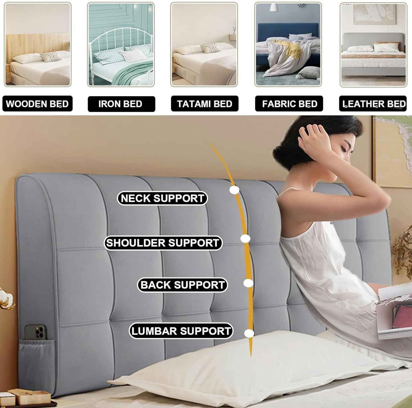 AMNOOL Fleece Headboard Cushion Wall Pillow Large Backrest Headboard Bed Rest Cushion Neck Lumbar Support Pad Removable Cover Home Dorm Daybed Upholstered