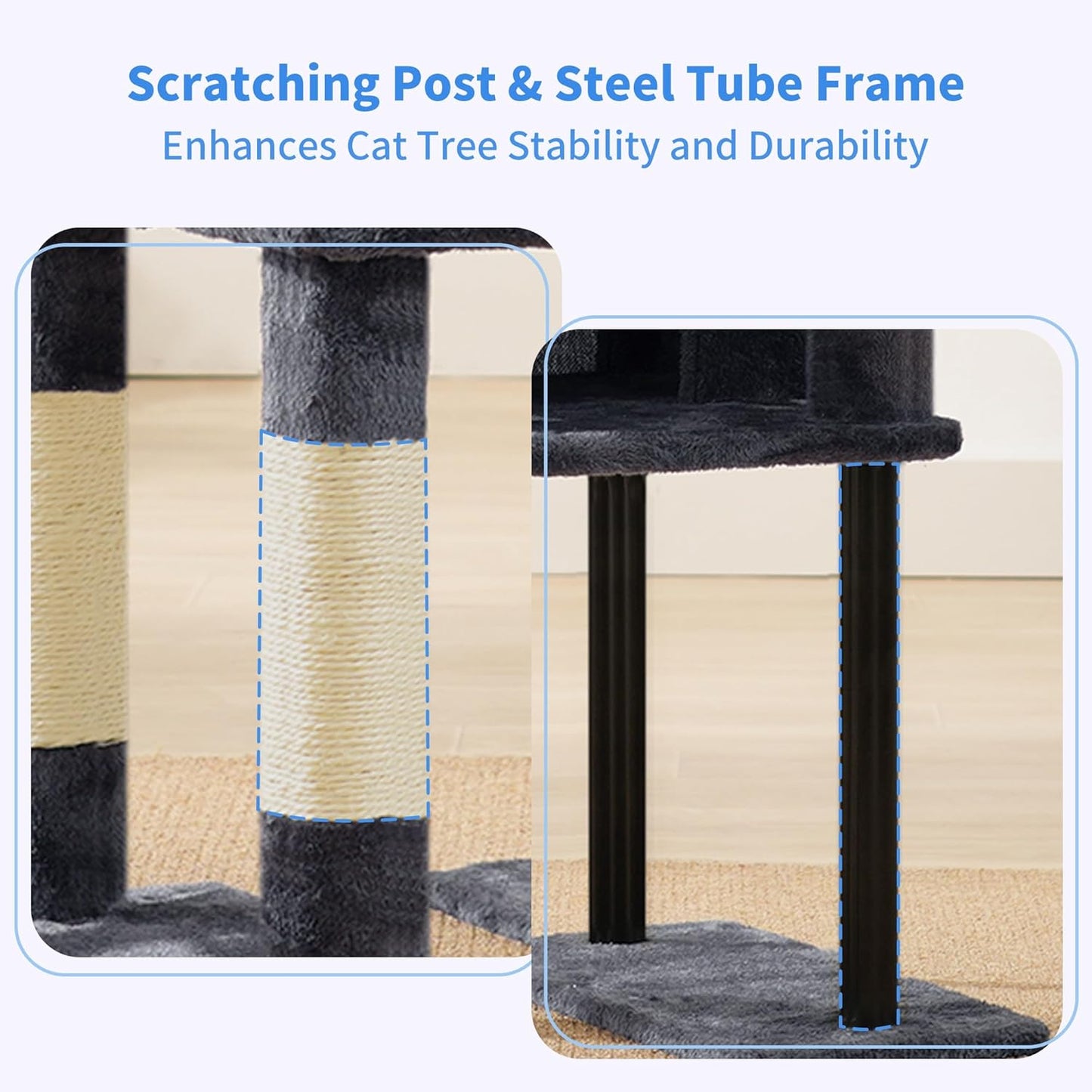 Heybly Cat Tree, 49.2 Inches Cat Tower for Indoor Cats, Spacious Cat House Condo with Hidden Space，Sturdy Steel Tube，Soft Plush Top Perch，Cozy Hammock and Sisal Scratching Posts, Smoky Gray HCT200SG