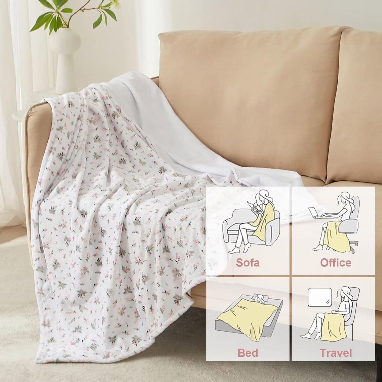 White Rustic Floral Flannel Throw Blanket for Couch Bed Sofa Farmhouse Lightweight Soft Cozy Warm Fall Winter Blankets for Office Naps Travel Warm Aesthetic Cloud Throw Blanket