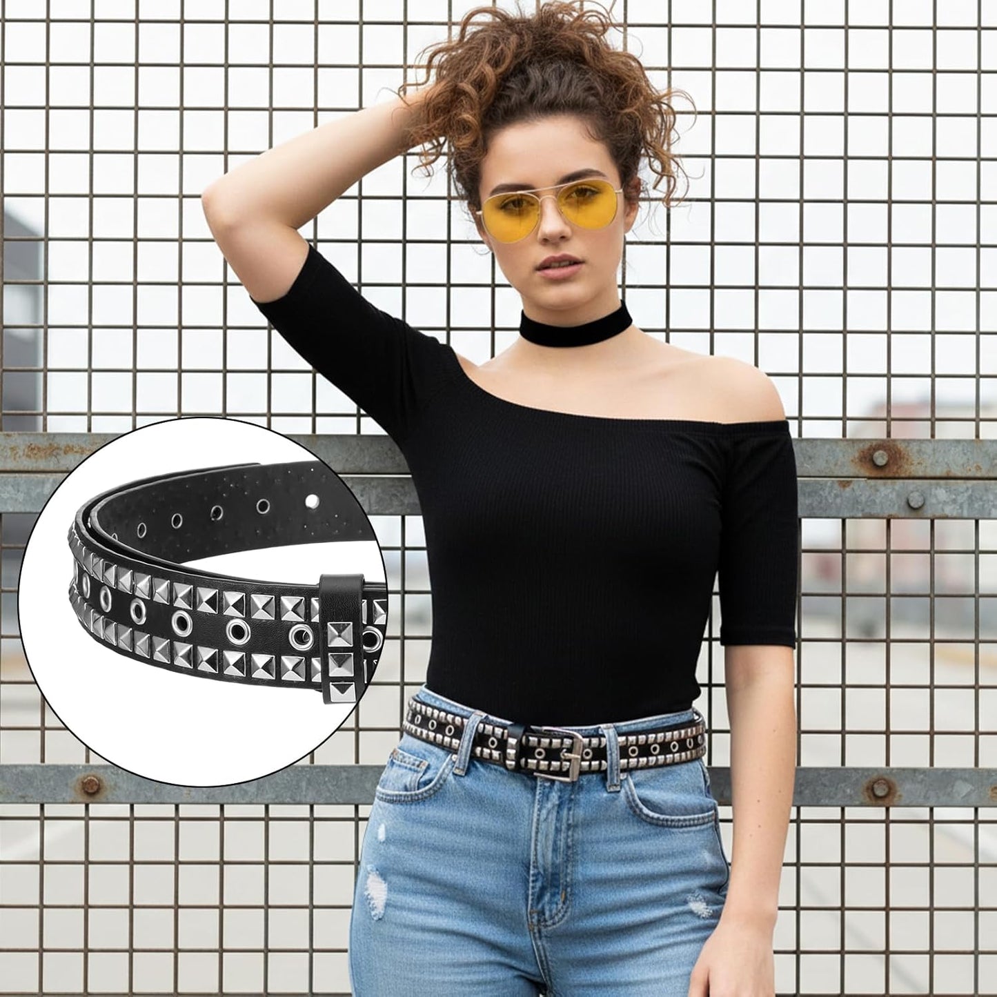 6Pcs Studded Belt Set for Men & Women - Punk Gothic Rivet Faux Leather Belts with Double Grommet, Square Studs, Small & Large Star Designs Adjustable Waist Belt for Jeans Costume Party Gift