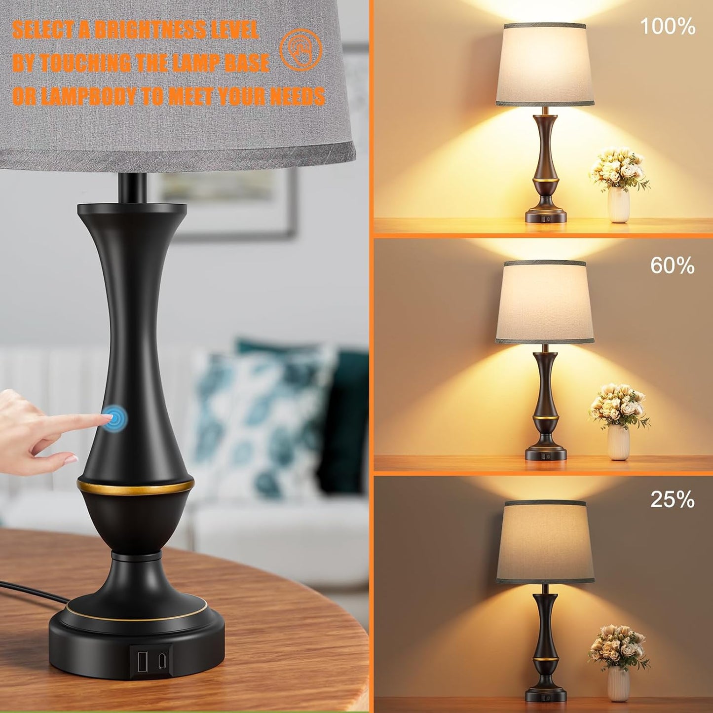 Seealle Upgraded Touch Lamps for Bedrooms Set of 2 - Nightstand Table Lamp with USB C+A, 3 Way Dimmable Lamps for Living Room(Grey)