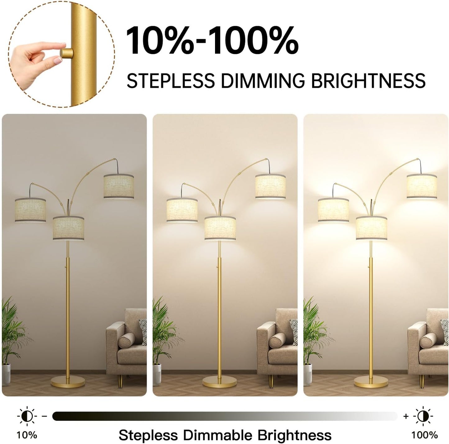 Dimmable Gold Floor Lamp, 3 Lights Arc Floor Lamps for Living Room, Modern Tall Standing Tree Lamp with White Shade & Heavy Base, Large Floor Lamp for Bedroom Office, 3x1000 LM LED Bulbs Included