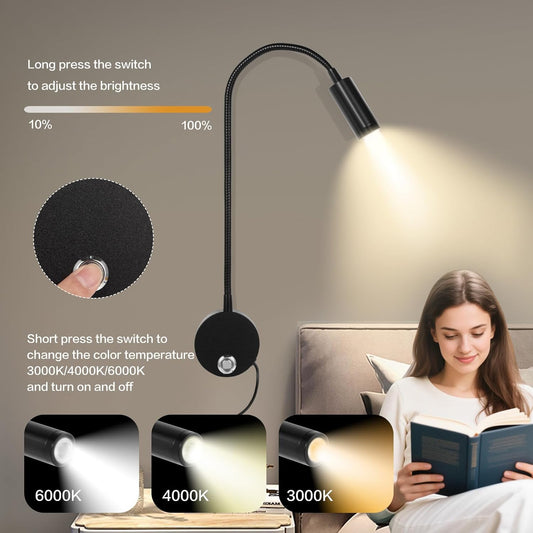Reading Light for Bed, Wall Mounted Reading Lights with 15" Flexible Gooseneck, Touch Control, 3 Colors Temperature and Stepless Dimmable, Plug in Headboard Book Light(2 Pack)