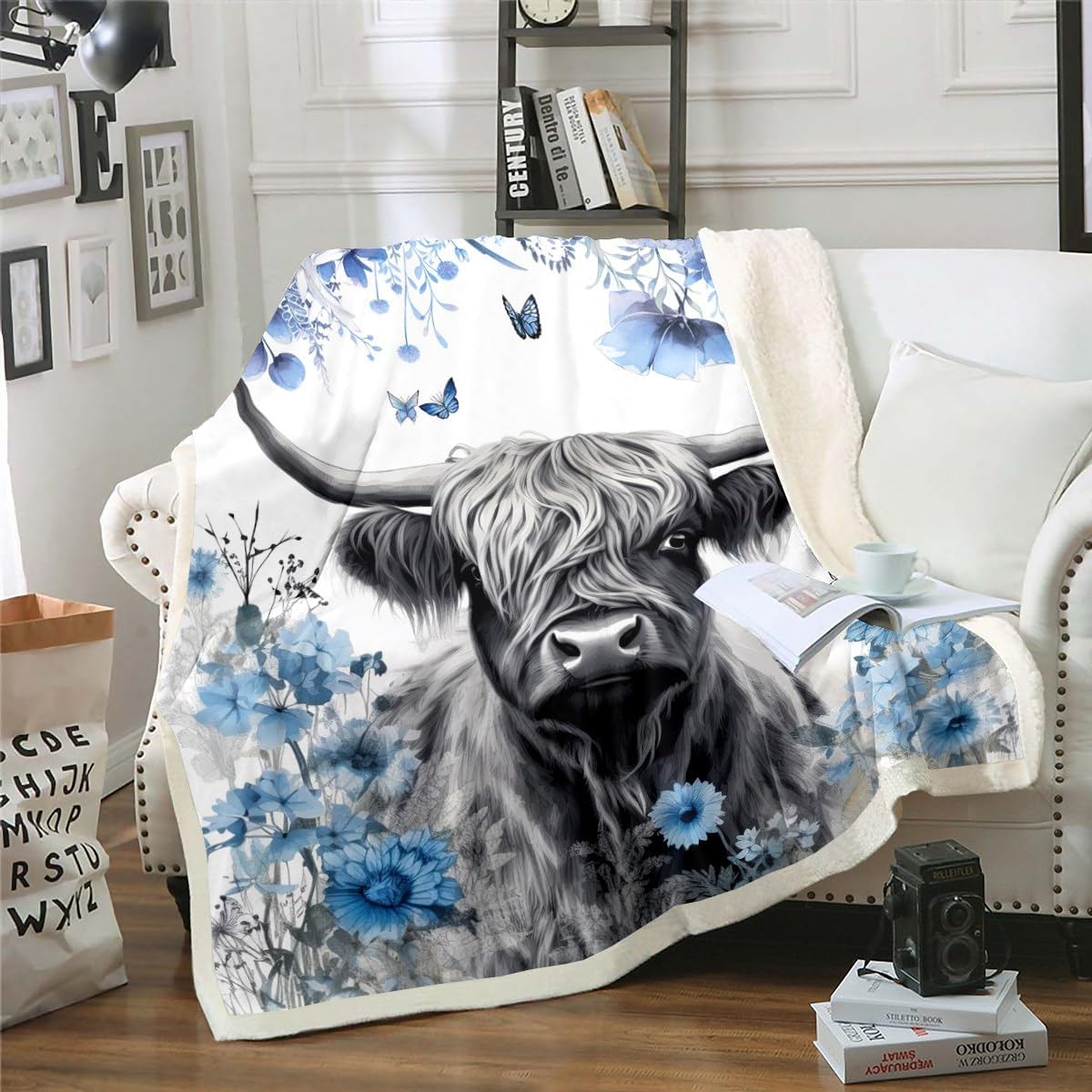 Erosebridal Highland Cow Fleece Blanket Blue Flowers Plant Blanket for Man Women,Western Animals Cowboy Throw Blanket Longhorn Bull Cattle Blanket 90"x90",Botanical Floral Leaf Bohemian Room Decor