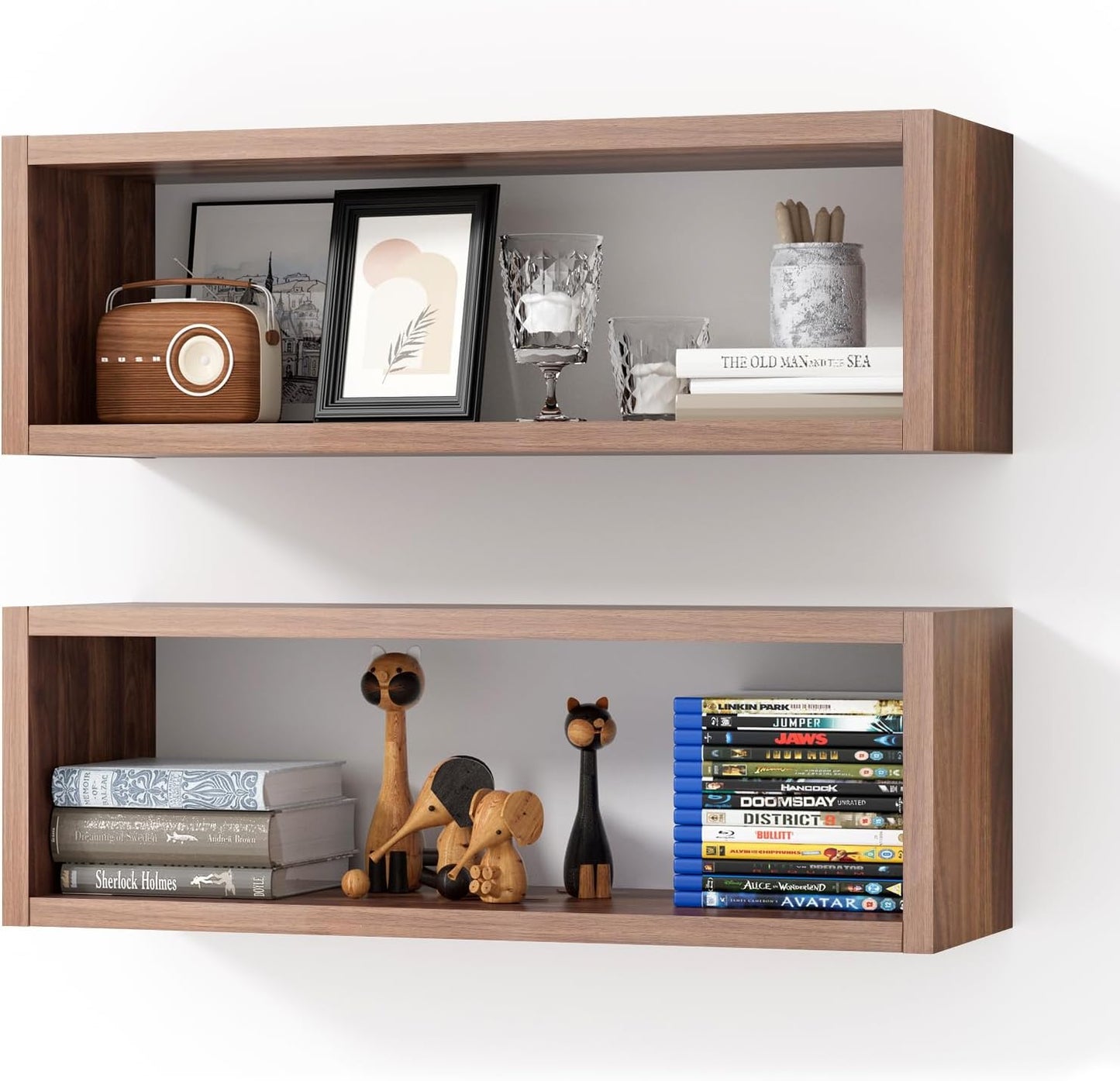 Kaboon 24in Floating Cube Shelves Set of 2, Display Shelves Wall Mount, Decorative Hanging Shelves for Kitchen Living Room Office,(Dark Walnut, Rectangle 2 Cubes)