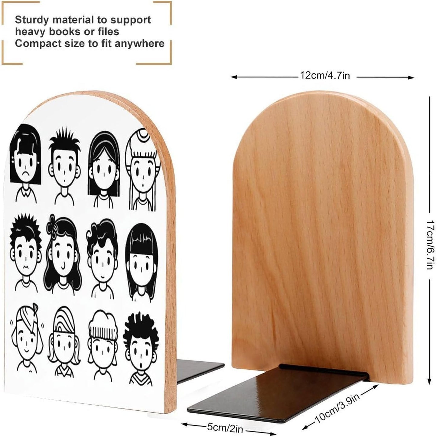 Various Faces Bookend for Shelves Wooden Book End Large Size Sturdy Book Holders Stoppers with Metal Base for Bookshelves Slick Decorative Bookends Stands