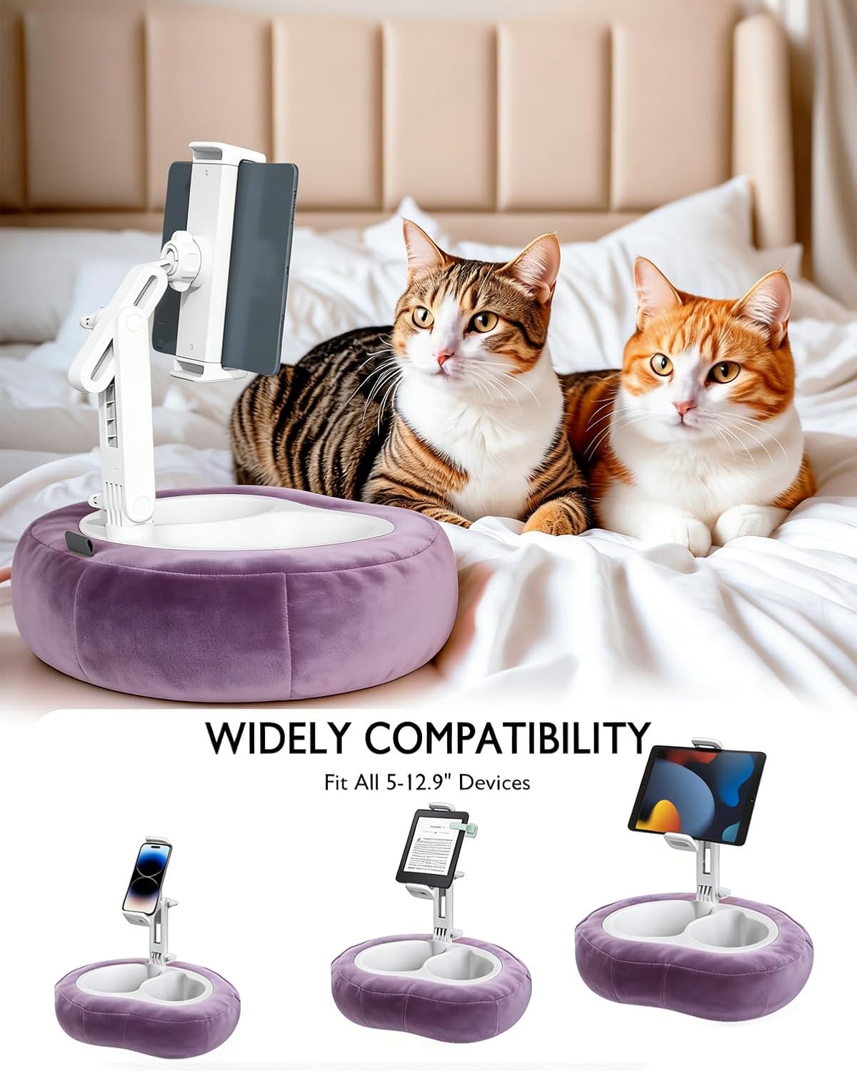 Miledi Tablet Pillow Stand, Compatible with 4.7"-12.9" Kindle, iPad, Phone/Tablet, 360° Rotating Phone Holder for Bed, Detachable Bowl, Reading and Relaxation on Bed (Purple)