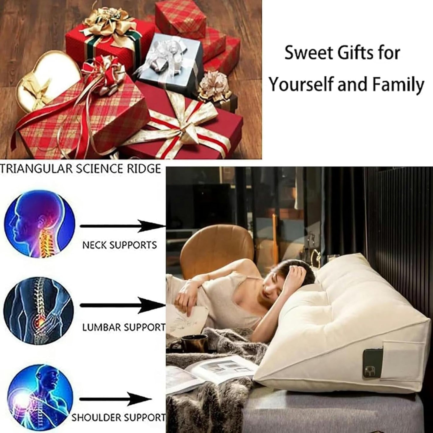 Wedge Pillow Large Lumbar Support Cushion for Bed Headboard Sofa, Back Positioning Backrest, Soft Reading Pillow with Pocket and Removable Washable Cover