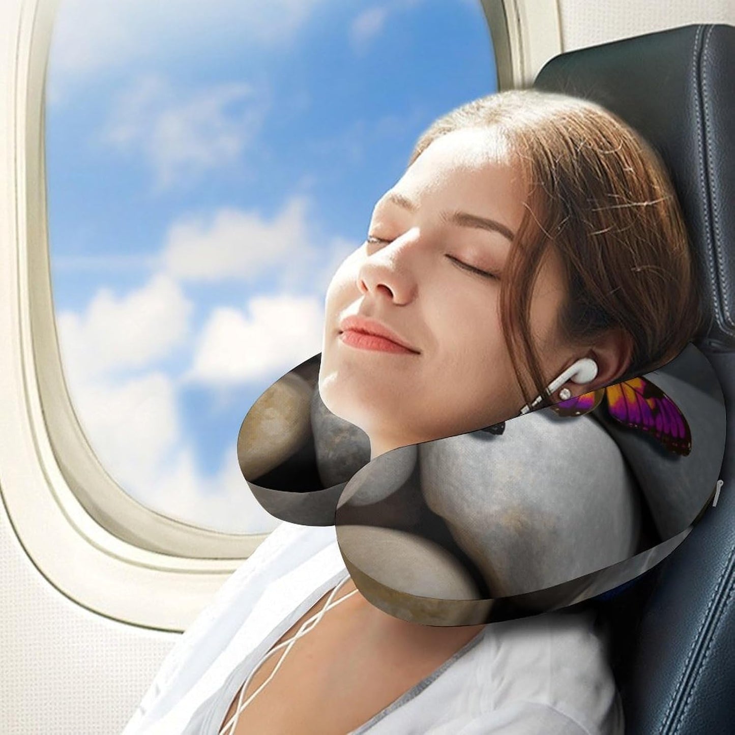 Colorful Butterfly Stone Neck Pillow Memory Foam U Shaped Pillows Portable Pillows for Shoulder Travel Head Support Pillow with Concealed Zipper for Airplane Car Home Office