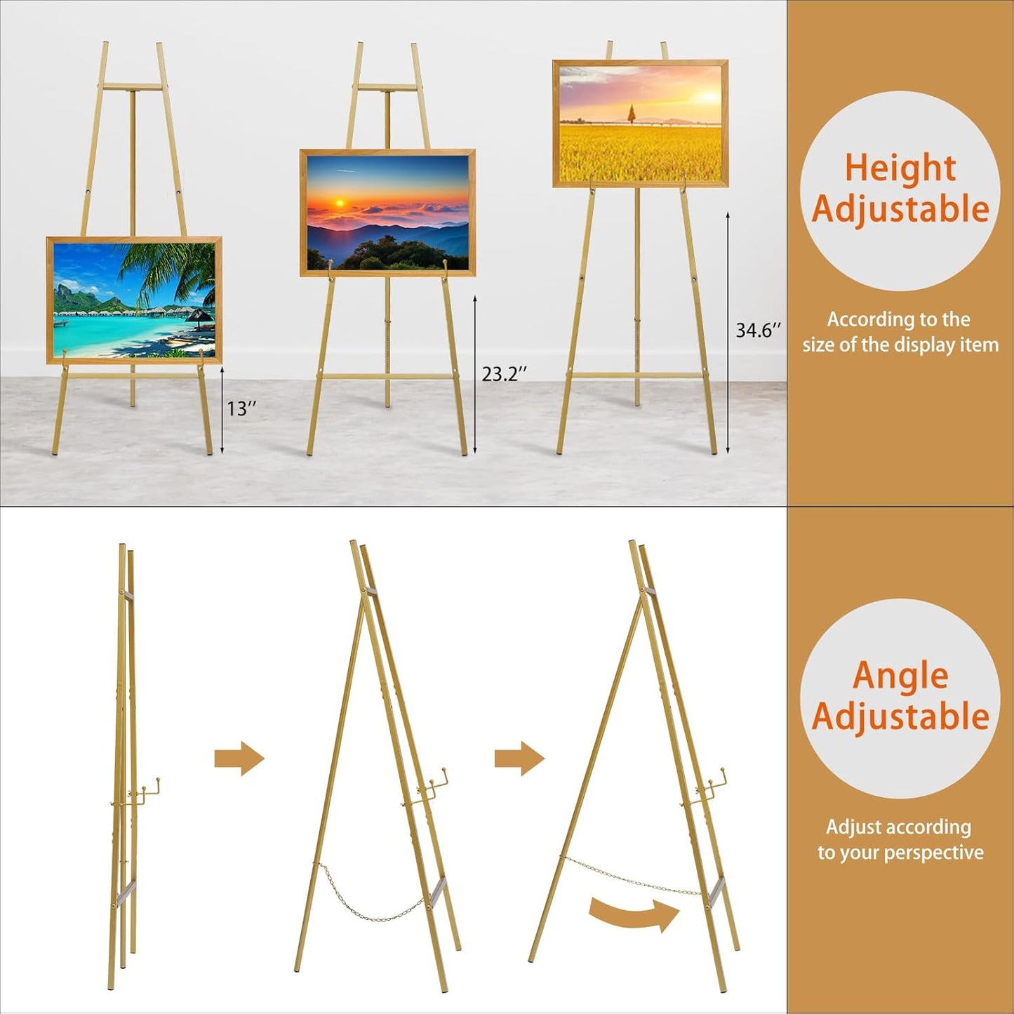 Metal Easel Stand with Chain Support for Mirror,58 Inch Floor Easels for Display Wedding Sign,Iron Adjustable Arts & Crafts Easels(Gold)