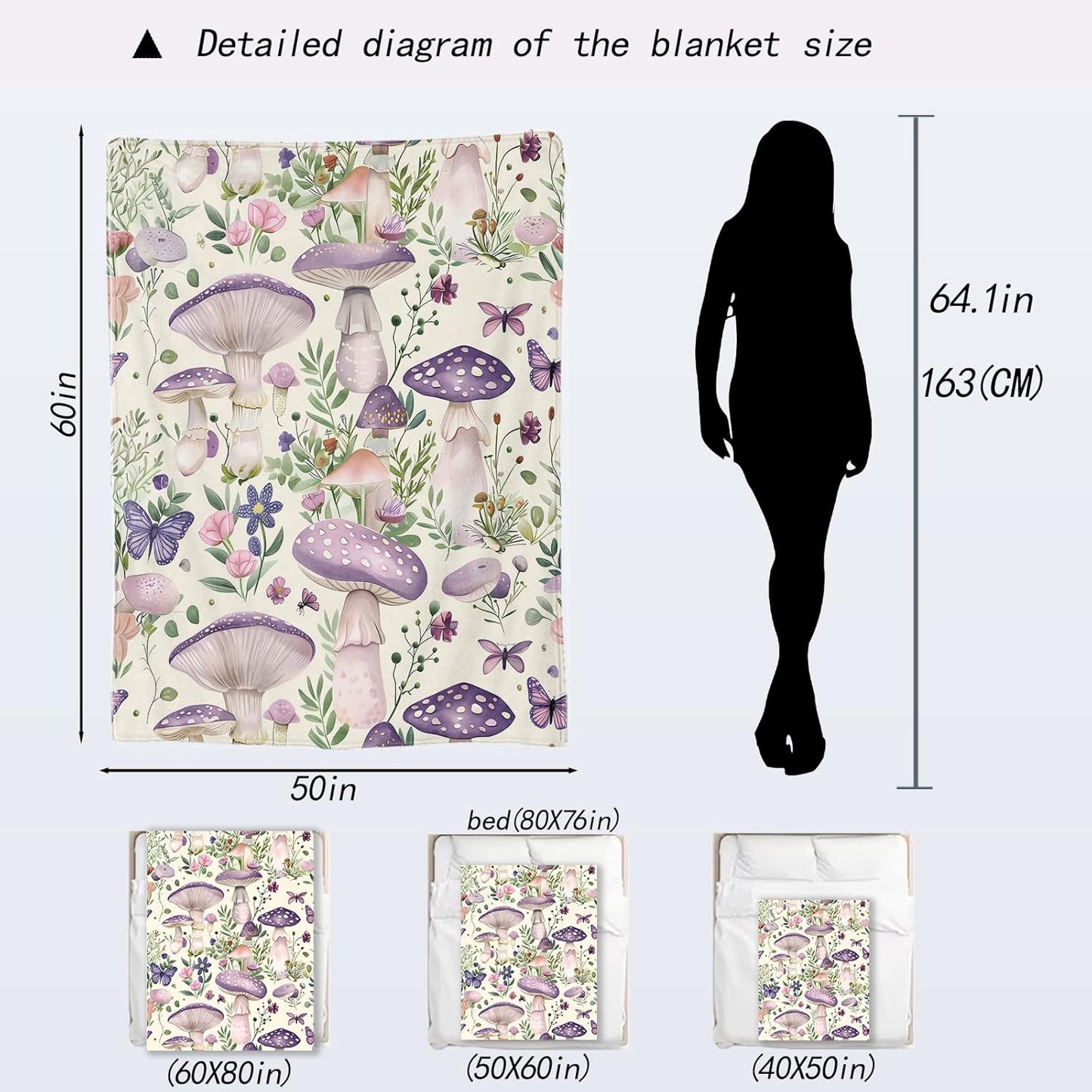 Purple Mushroom Vintage Flannel Blanket - Butterfly Whimsical Retro Throw,Whimsical Gifts for Women, Ultra Soft & Warm,Lightweight, for Couch Bedroom Living Room Decor & Farmhouse 40x50in