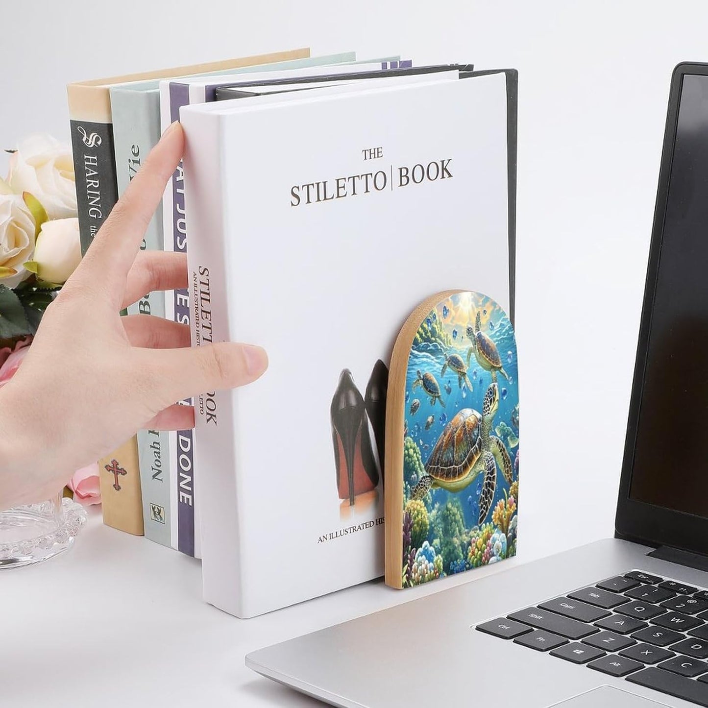 Sea Turtles Diamond Painting Bookends 1 Pair Heavy Duty Book Ends for Shelves Non-Skid Bookend Supports Wooden Book Holders with Metal Base Desk Organizers Books Storage to Hold Books