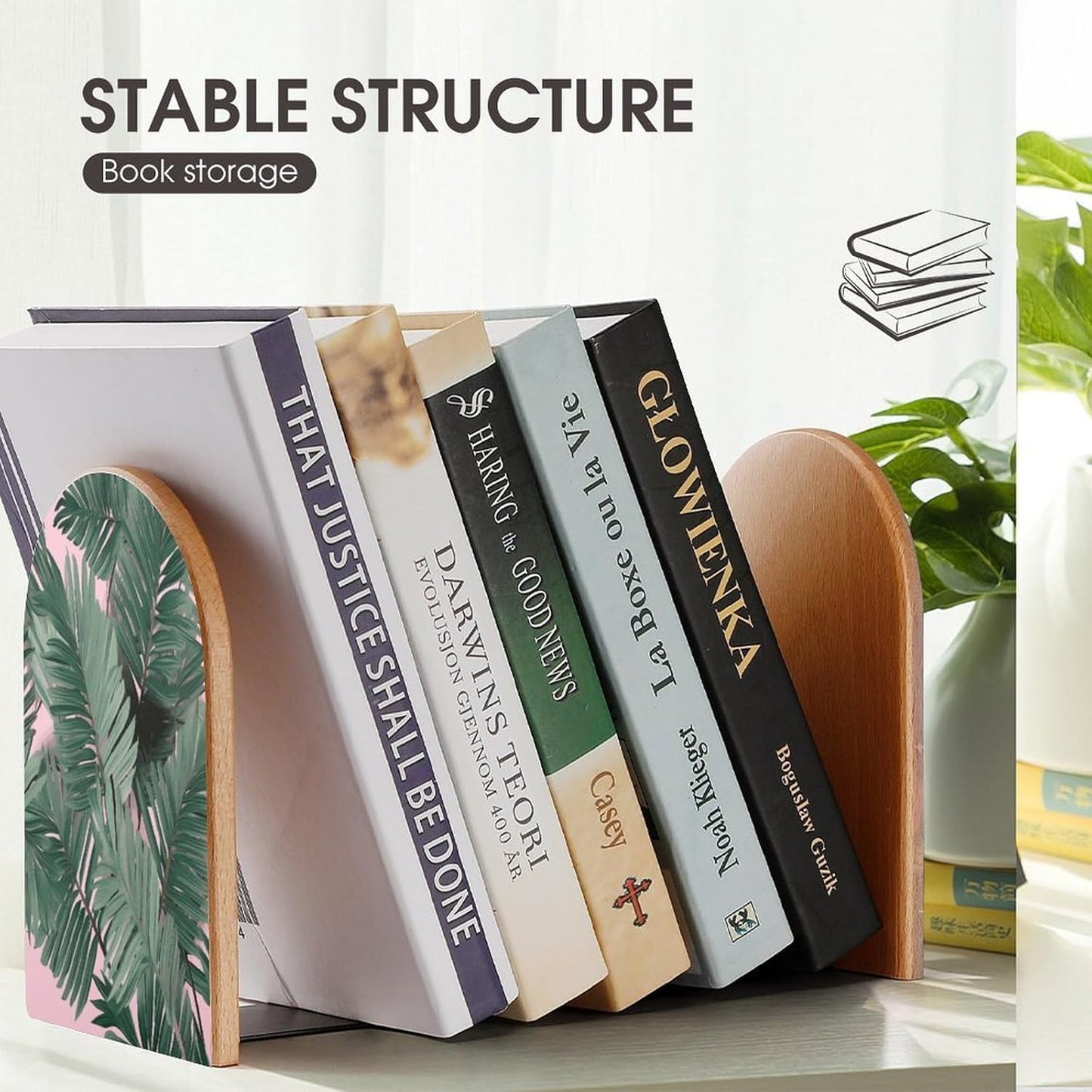 Green Palm Tree Leaves Pink Bookend for Shelves Wooden Book End Large Size Sturdy Book Holders Stoppers with Metal Base for Bookshelves Slick Decorative Bookends Stands
