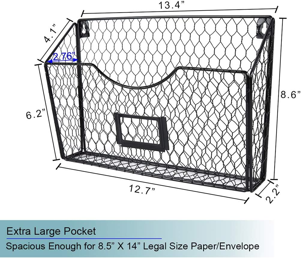 PAG 3 Pockets Hanging File Holder Wall Mount Mail Organizer Metal Chicken Wire Magazine Rack with Tag Slot, Black
