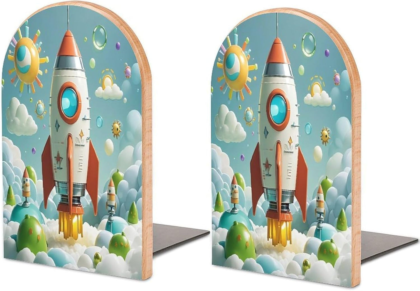 Cartoon Rockets Bookends 1 Pair Heavy Duty Book Ends for Shelves Non-Skid Bookend Supports Wooden Book Holders with Metal Base Desk Organizers Books Storage to Hold Books