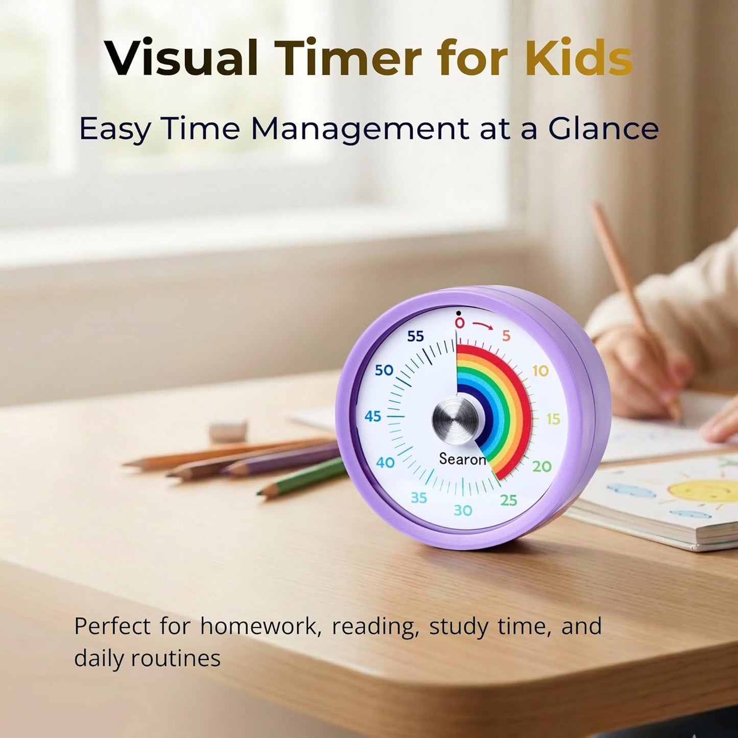 Searon Visual Timer for Kids with Magnet, Quiet 60 Minute Countdown Timer with Rainbow Disk, Sound or Silent LED Alert, for Homework, Reading, Study Time, Kitchen & Small Spaces (Purple)