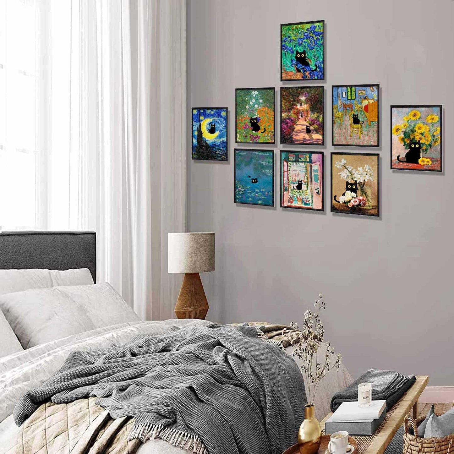 9Pcs Funny Black Cat Wall Art Cats in Famous Paintings Posters Prints Vintage Gallery Wall Decor Pictures Eclectic Cute Preppy Aesthetic Room Decor,Unframed