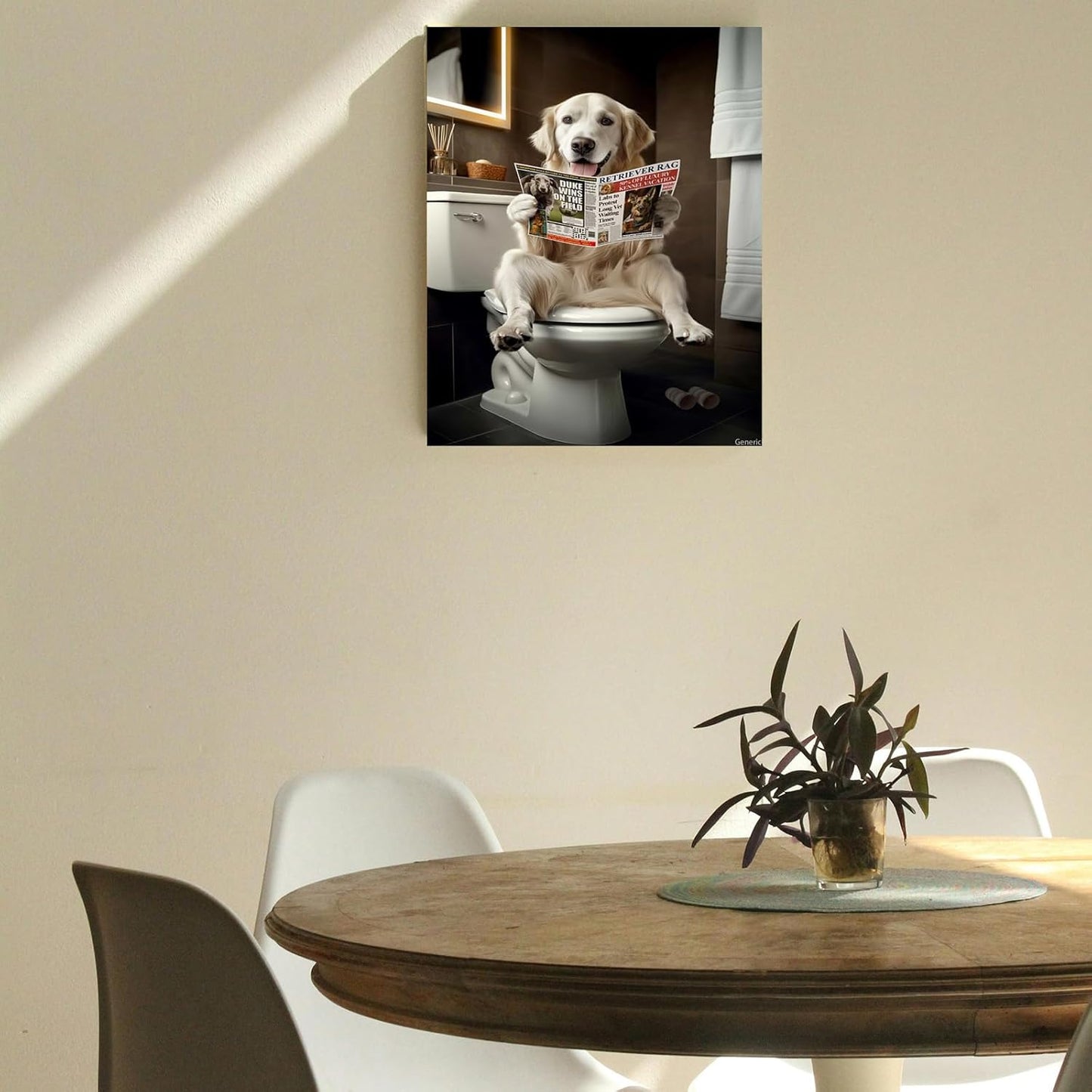 Funny Bathroom Wall Art Cute English Retriever Reading on Toilet Picture Canvas Print Poster for Animal Lovers Dog Toilet Decor 8x10inch Framed