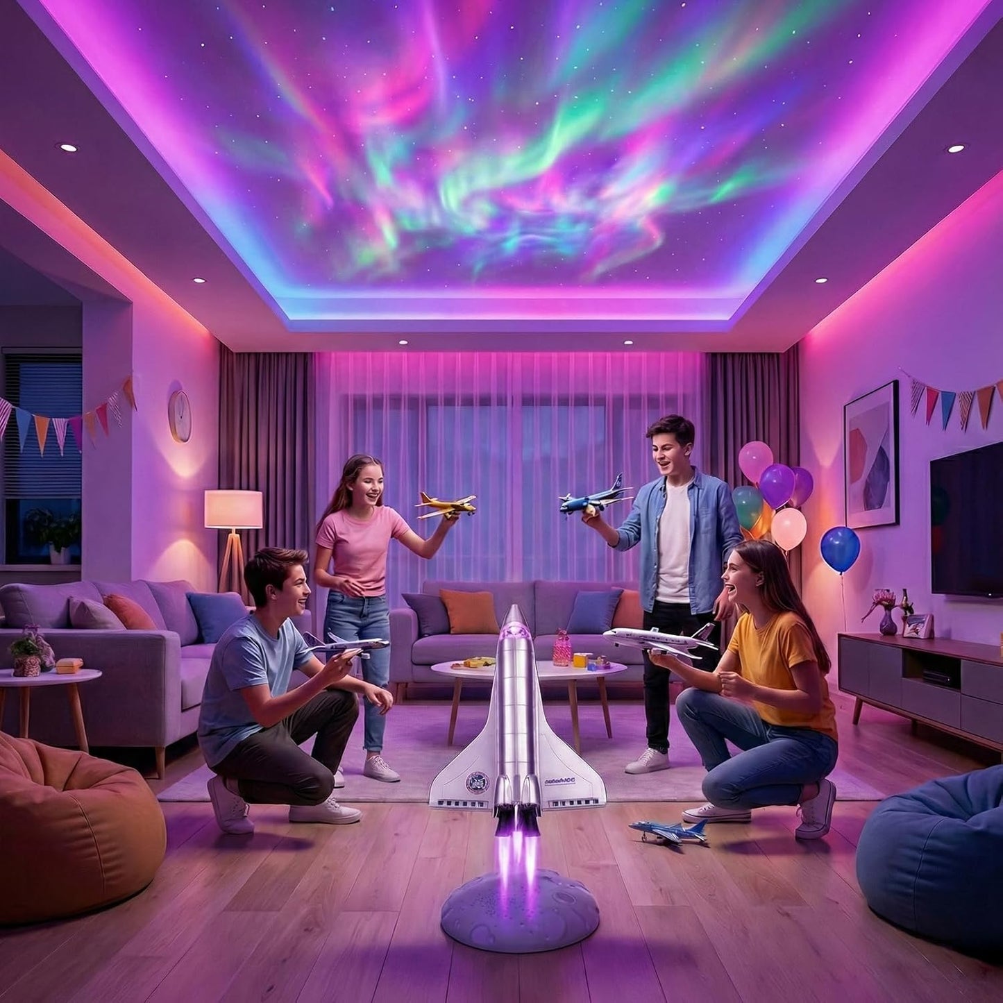 Space Shuttle Projector Lamp, Dynamic Nebula Light, Galaxy Night Light with Colorful Tail Jet Flame & Multiple Scene Sound Effects, Metallic Texture for Bedroom, Birthday Kids and Adults