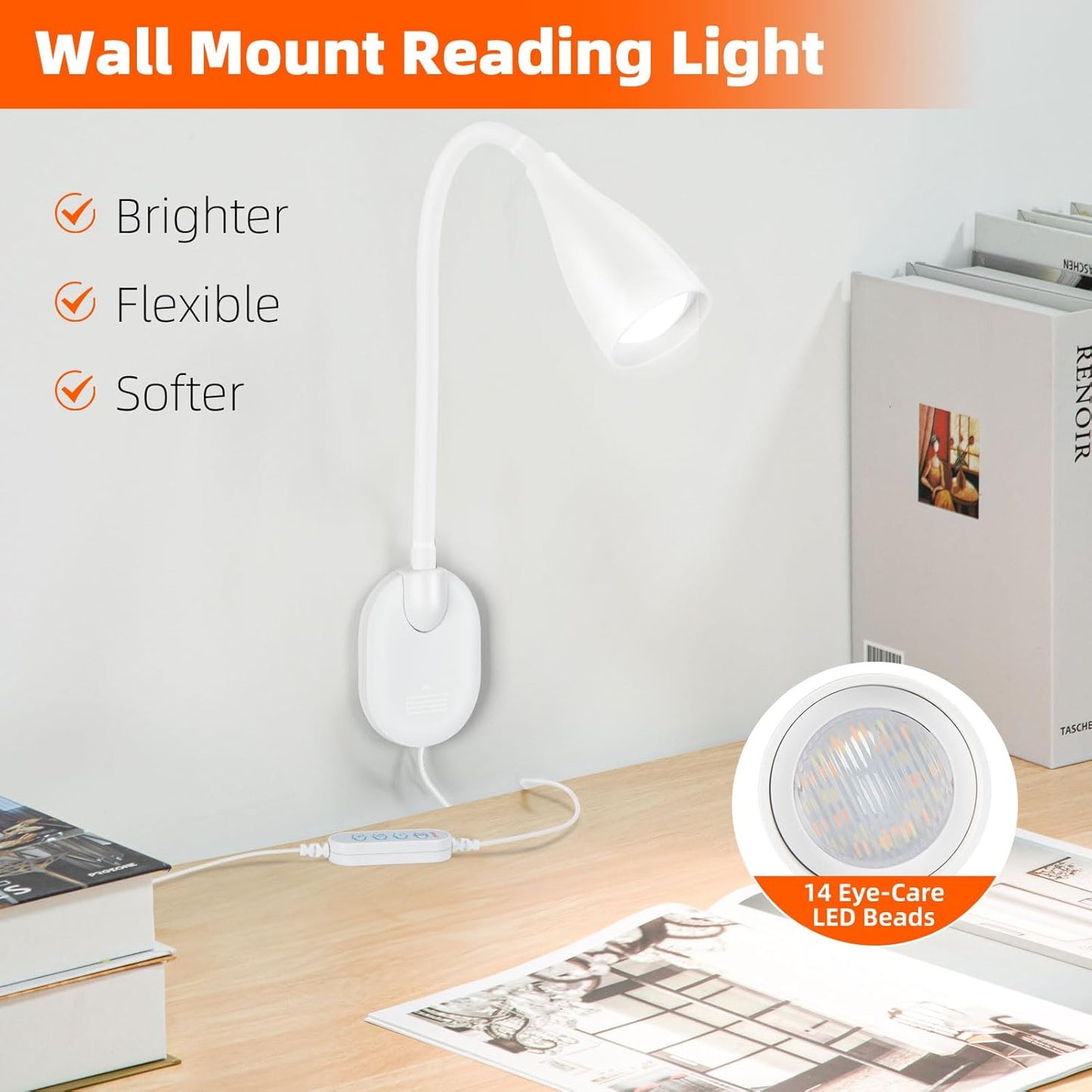 Wall-Mounted LED Bedside Reading Light with USB Charging Port, 10-Level Dimmable & Adjustable 5 Color, Plug-in Adhesive Night Lamp for Books in Bed, Eye-Caring Bedroom Lighting (White 2 Pack)