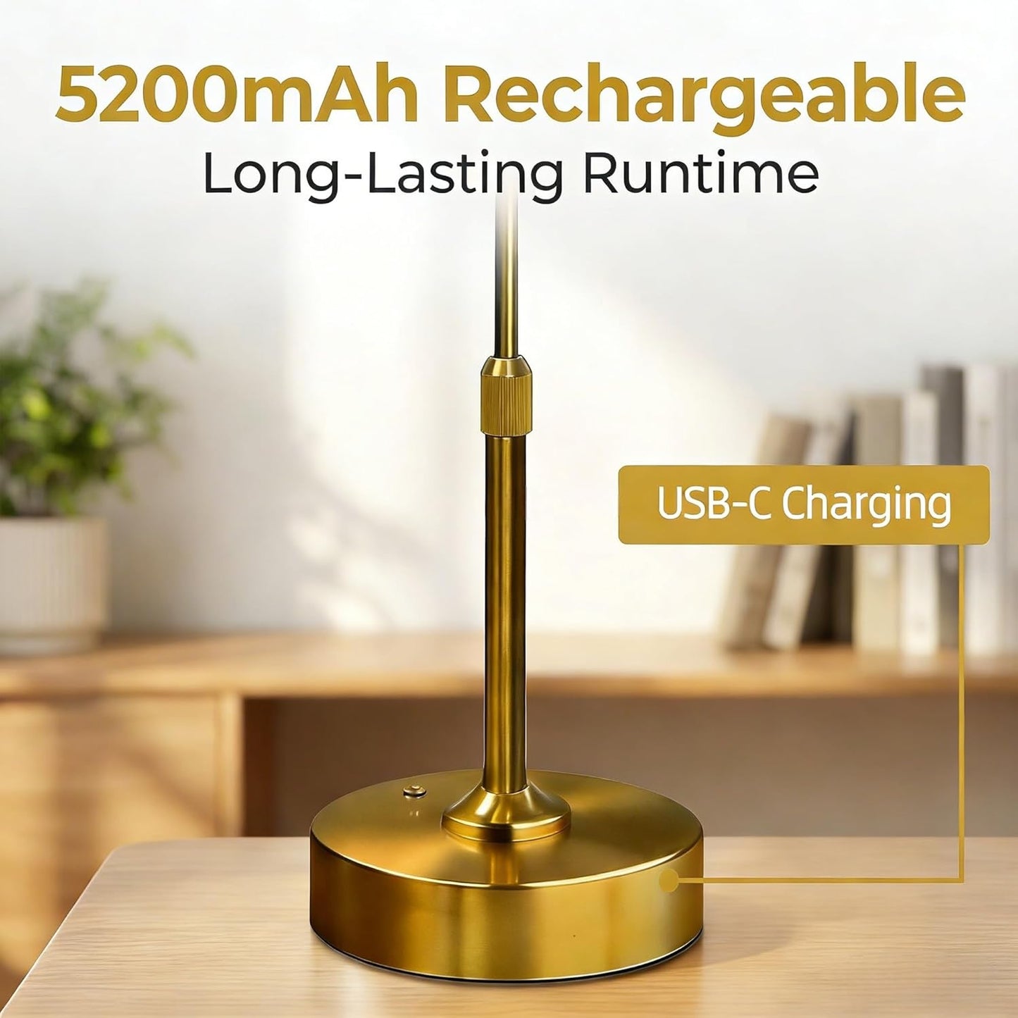 Gold Cordless Table Lamp, Rechargeable Portable Lamp with 5200mAh Battery, 3-Color Touch Control & Stepless Dimming, Adjustable Height for Bedroom, Nightstand, Desk – 14H Wireless Lamp with USB-C Gold