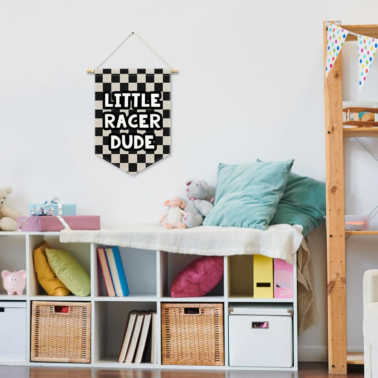 Playroom Boys Kids Room Decor, Black Checkered Little Racer Dude Banner Canvas, Nursery Wall Hanging Frame Decor Art Pennant Flag for Toddler Room Preschool Dorm Little Boy 11x15in