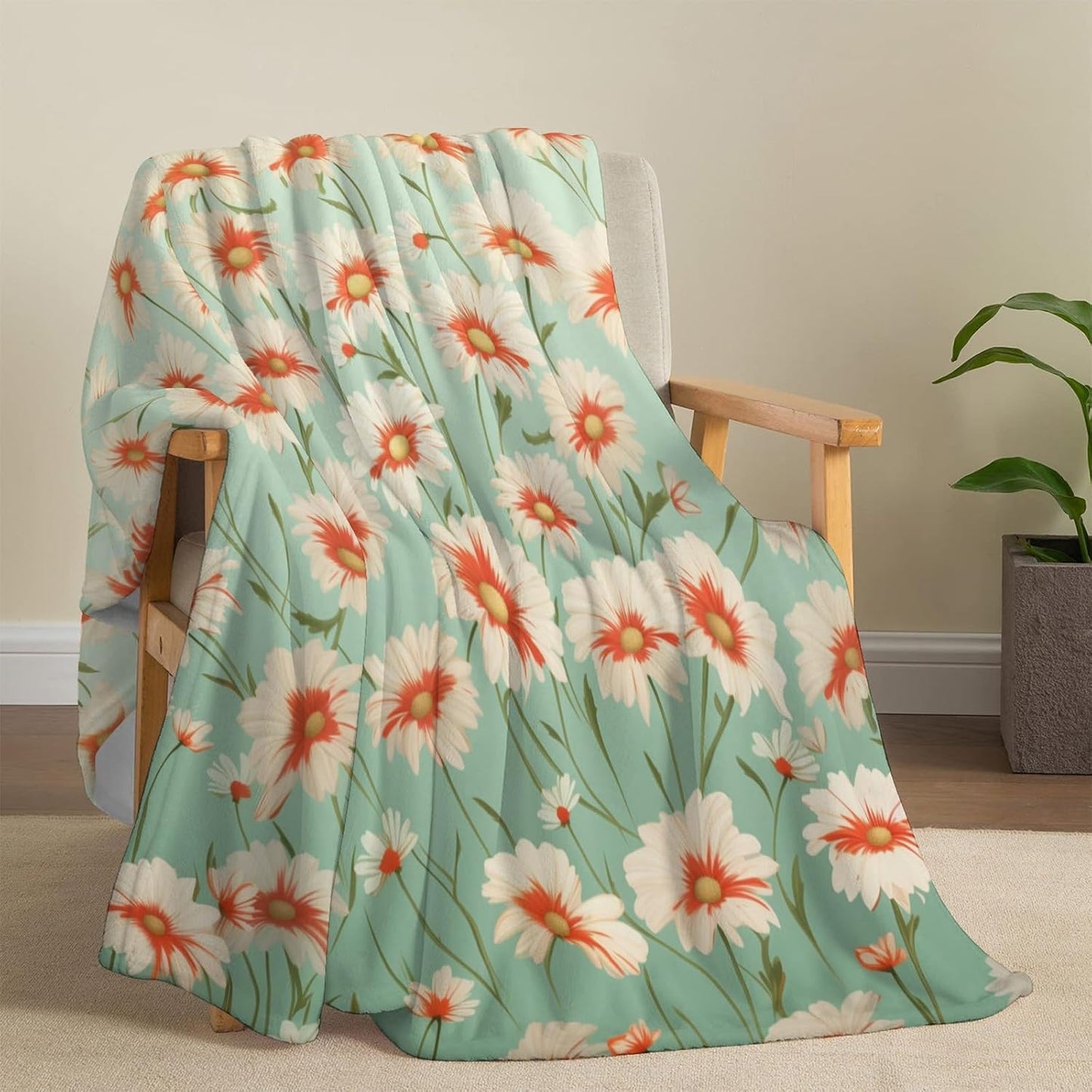 Yellow White Daisy Flannel Throw Blanket, 50×60in - 340GSM Cozy Lightweight Thick Flowers Floral Blanket - Christmas Birthday Gifts for Women, Men and Kids Bedroom Living Room Couch Sofa Decor