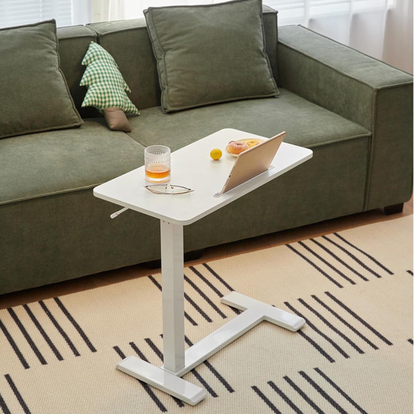 Height Adjustable Portable Overbed and Chair Nursing Table with Wheels - Hospital Bed Table - Laptop, Reading, Eating Breakfast Cart Stand C-Shaped Sofa Side Table