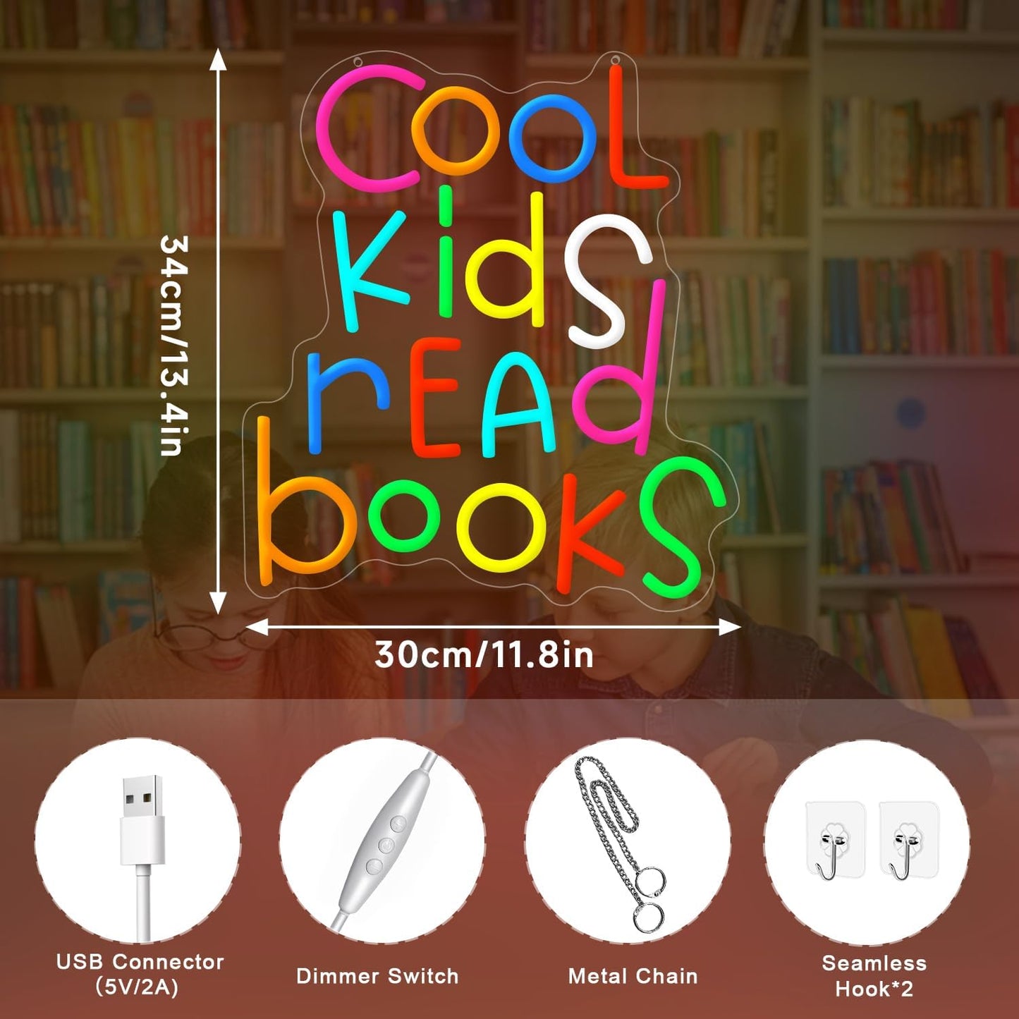 Cool Kids Read Books Neon Sign,Neon Sign for Classroom,LED Reading Neon Light for Kids Room,Classroom Decor,Library,Book Week Decor,Educational Colorful Wall Sign for Boys Girls Reading Corner