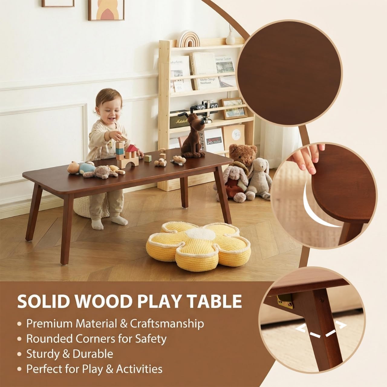 Folding Coffee Table-Puzzle Table for Kids, Japanese Floor Table with Legs - Large Solid Wood Low Coffee Table, Collapsible Living Room Center for Small Spaces, Dorm, or Game Night