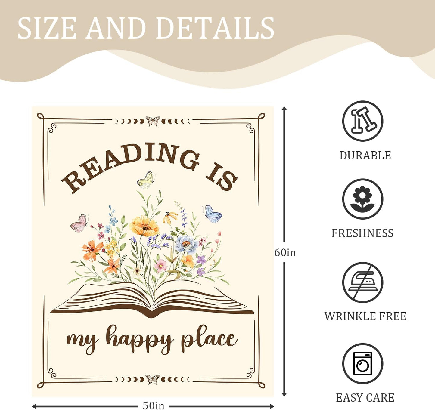 Book Lover Gifts for Women, Reading is My Happy Place Throw Blanket, Floral Book Butterfly Fleece Blanket for Reading Nook Couch, Cottagecore Librarian Teacher Gift 50x60 Inch