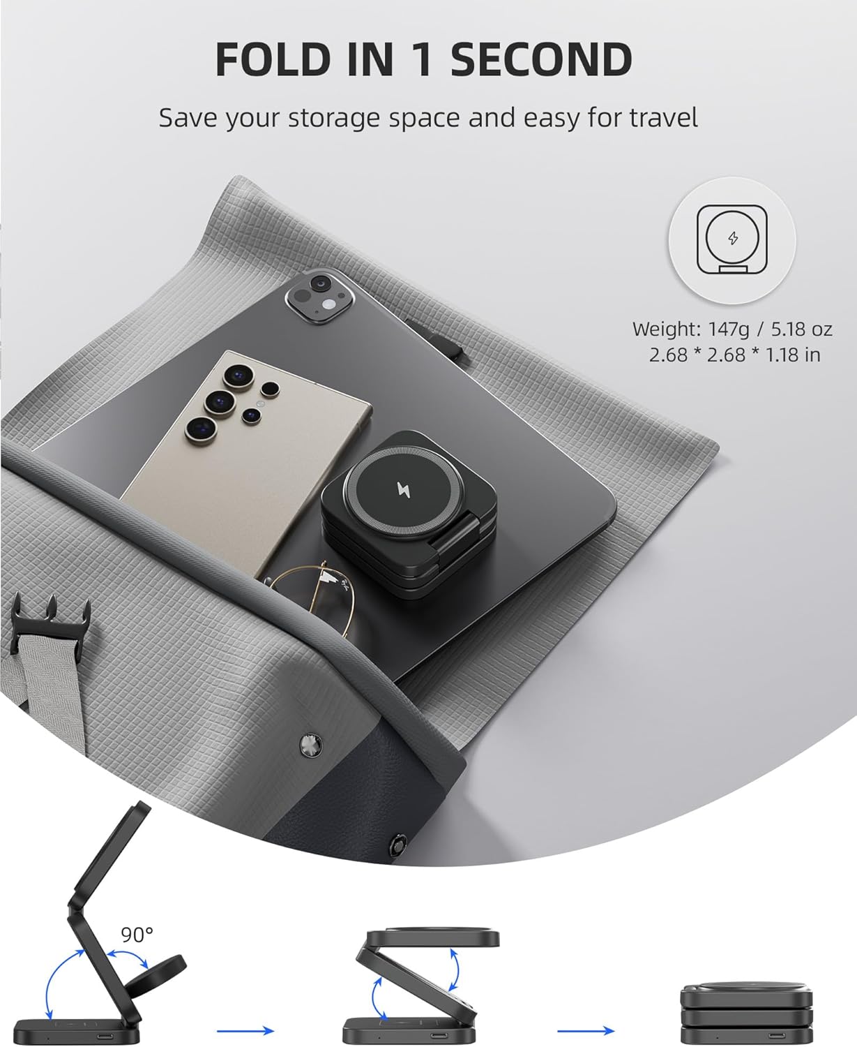 Foldable 3 in 1 Wireless Charging Station for Samsung, KU XIU X55 Ultra Magnetic Travel Charger Stand for Galaxy S24 Ultra S23 S22 Note 20 Z Fold Flip 6 5, Galaxy Watch Ultra 7 6 5, Galaxy Buds, Black
