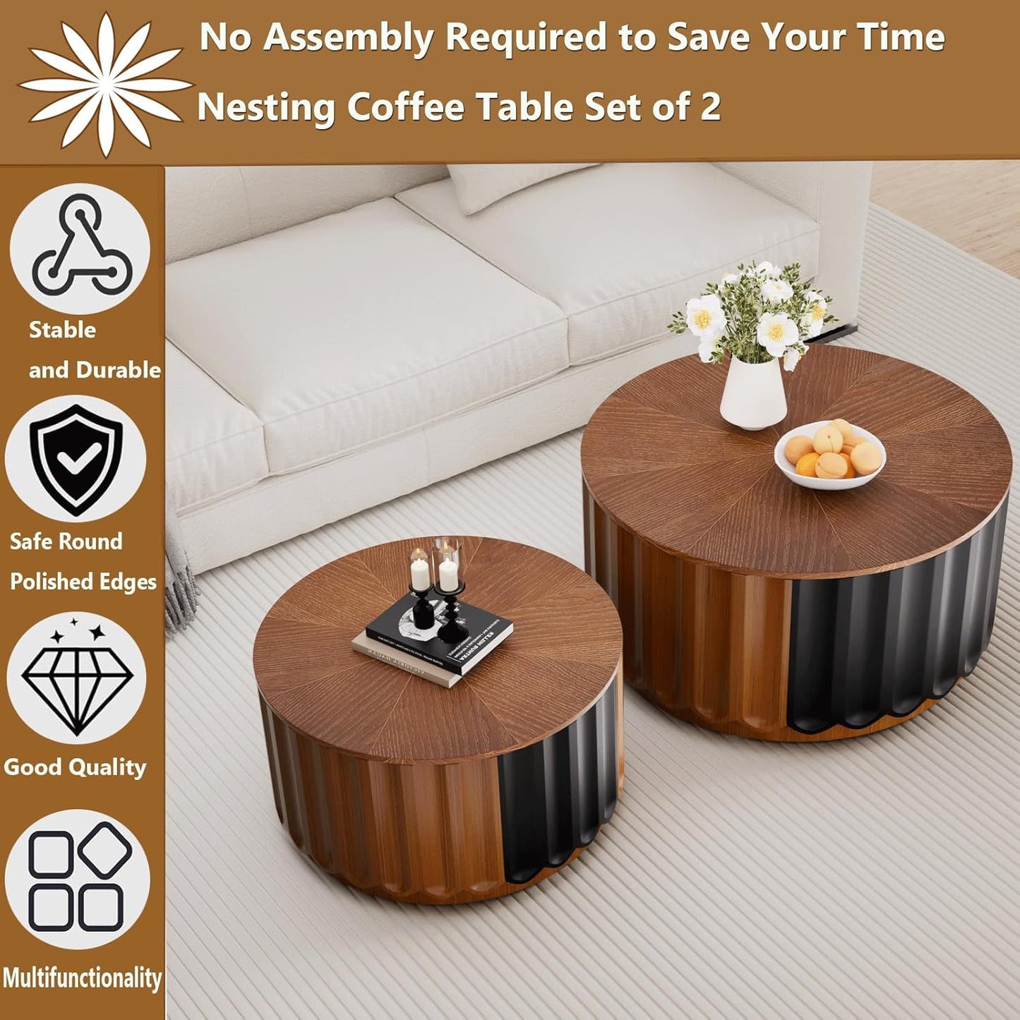 Fluted Round Nesting Coffee Table Set of 2, with Storage Mid Century Modern Wood Coffee Tables,Circle Side Table Minimalist Center Tables for Living Room, Office (A1)